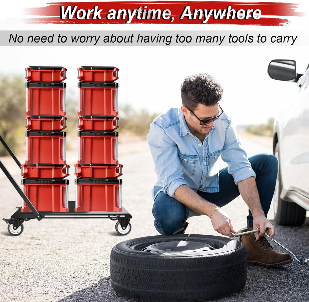 Upgraded Heavy Duty Toolbox Dolly with Handle, Compatible with Mil.Waukee Packout Toolbox, Double Storage, Thickened Carbon Steel Frame, Enlarged Wheels with Brake, No Drilling Required, Up to 400lbs