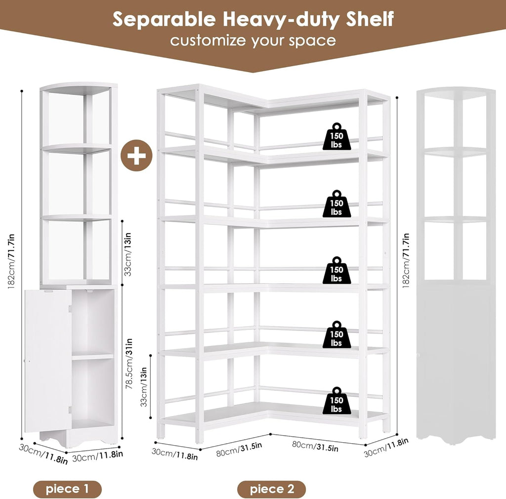 Keyluv 72' Tall Corner Bookshelf with Door, 6-Tier L Shaped Bookshelves and Bookcase with Storage Cabinet, 2 Pieces Individual Convertible Book Shelf, Display Shelf for Home Office Living Room, White