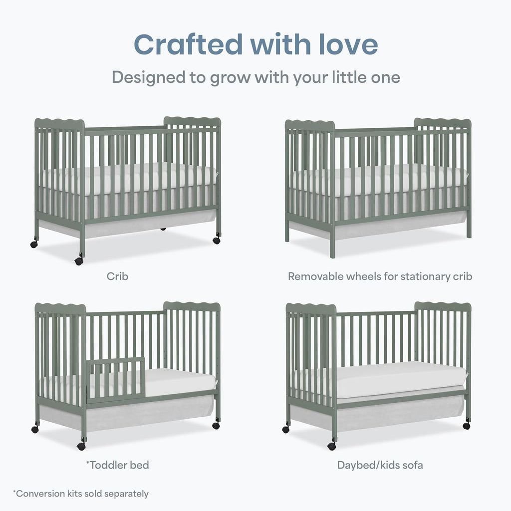 Dream On Me Carson Classic 3-in-1 Convertible Full-Size Baby Crib in Meadow Green, GreenGuard Gold & BSA, 4 Mattress Heights, Converts to Day & Toddler Bed, Locking Wheels, Classic Nursery Design