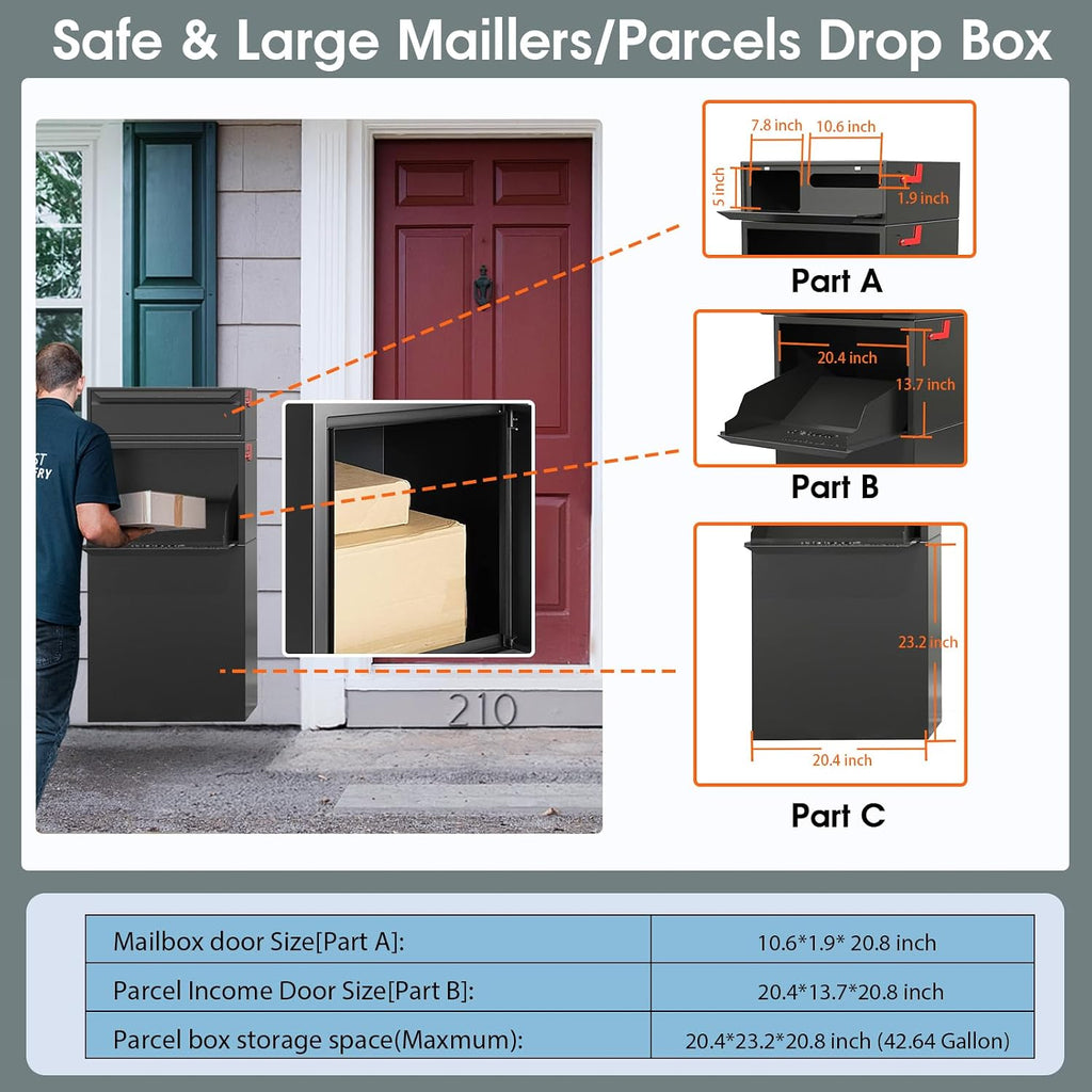 Large Secure Package Delivery Box for Outside with Key Lock, 48 * 23 * 21', Stainless Steel, 42 Gallon, Anti-Theft, Rust-Proof,Waterproof Box for Packages Delivery Outdoor（Black