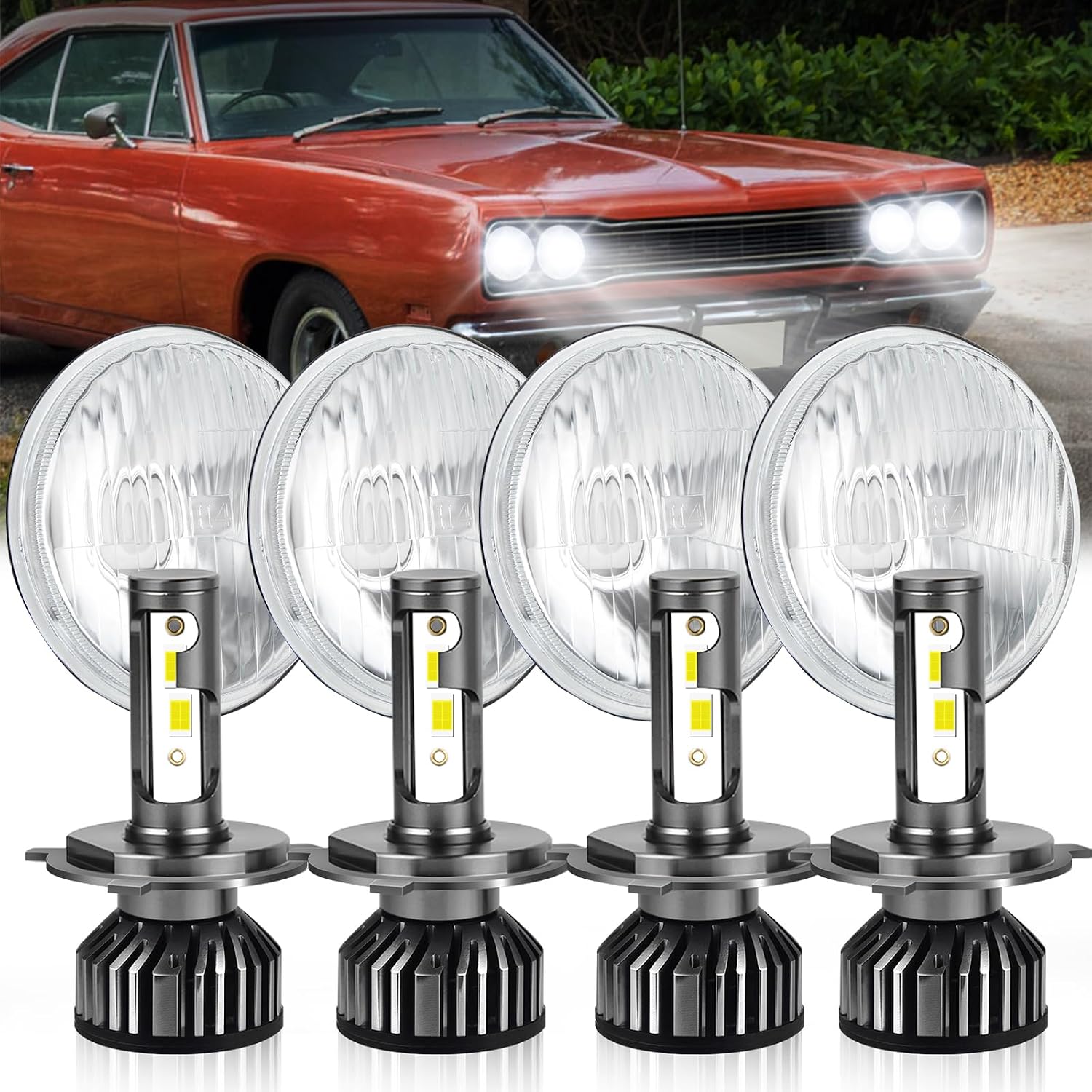5.75' Round Sealed Beam Headlight Replacement with H4 LED Bulbs, Fits H5001 H5006 H5506 H5010, Hi/Lo Beam Reflector Housing for Select Chevy Ford Peterbilt Models, 4 Pack