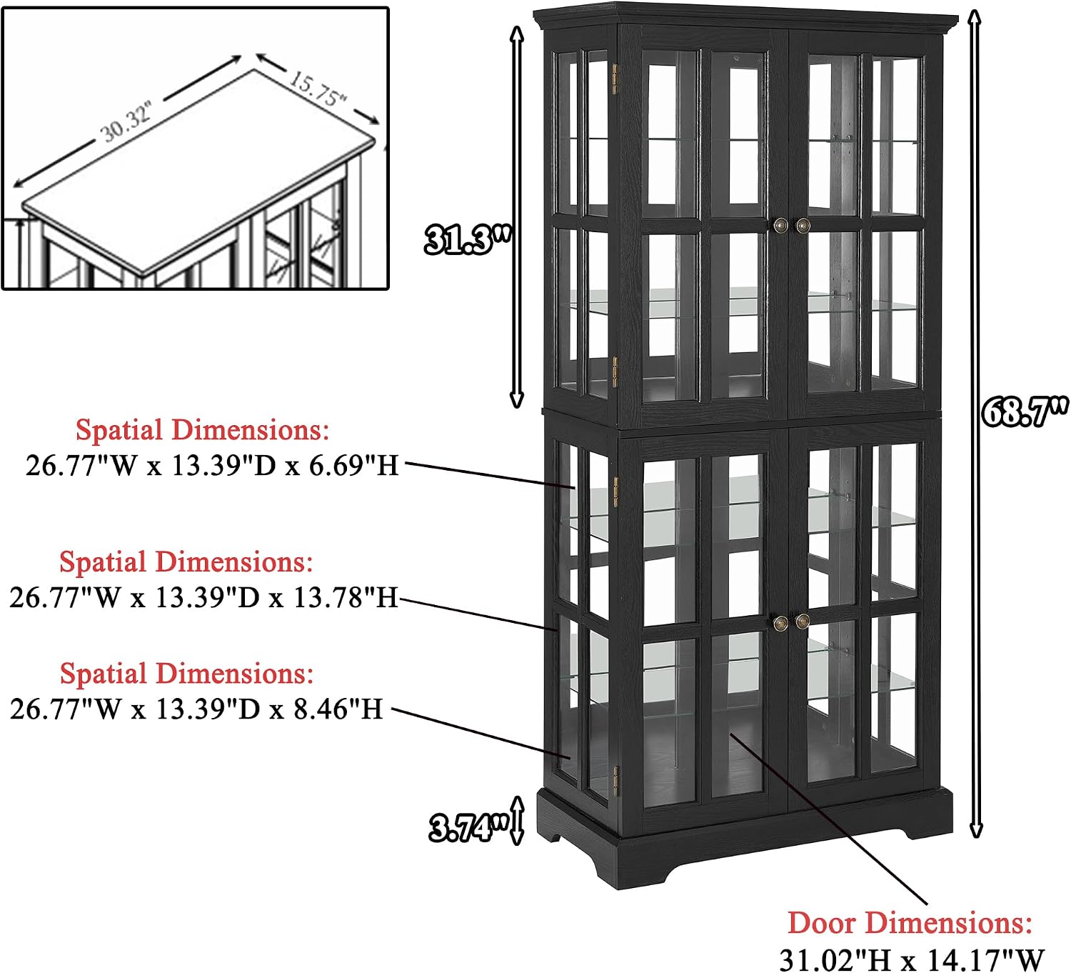 68' H Lighted Curio Display Cabinet Display Case,Wooden Glass Cabinet w/ 4 Adjustable Shelves & Glass Doors, 6 Tier Vintage Accent Storage Case w/Mirrored Back Pane for Home (Black)