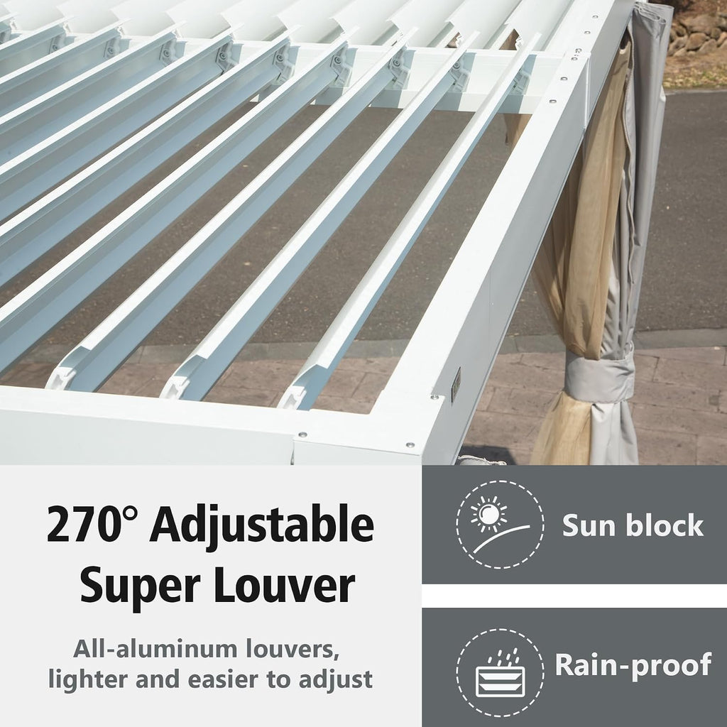 Domi 10'x10' Aluminum Louvered Pergola Outdoor Pergola with Adjustable Roof Sun Shade Gazebo with Gutter System for Backyard Garden Deck (White)