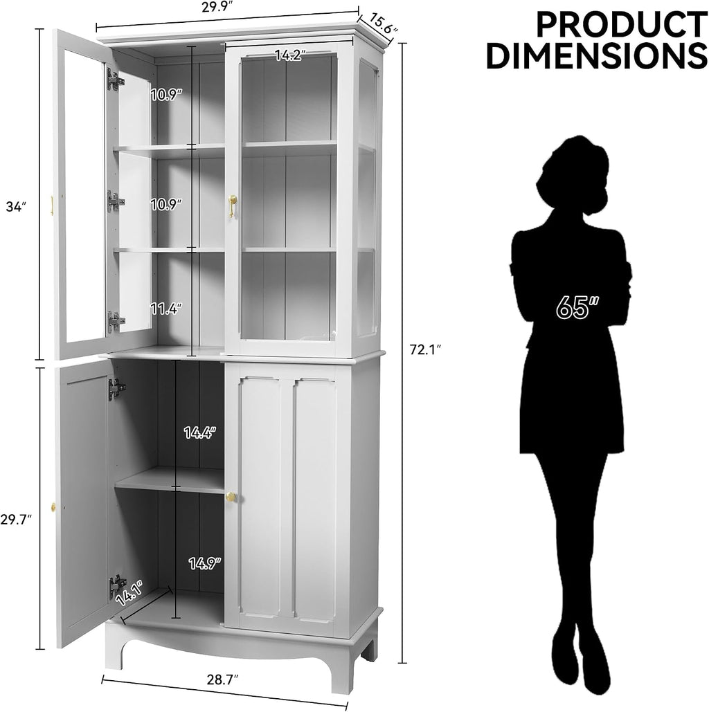 ARTPOWER 72' Freestanding Kitchen Pantry Storage Sideboard, Classical Tall Cabinet with Glass Door and Adjustable Shelves for Kitchen, Livingroom and Dining Room, White