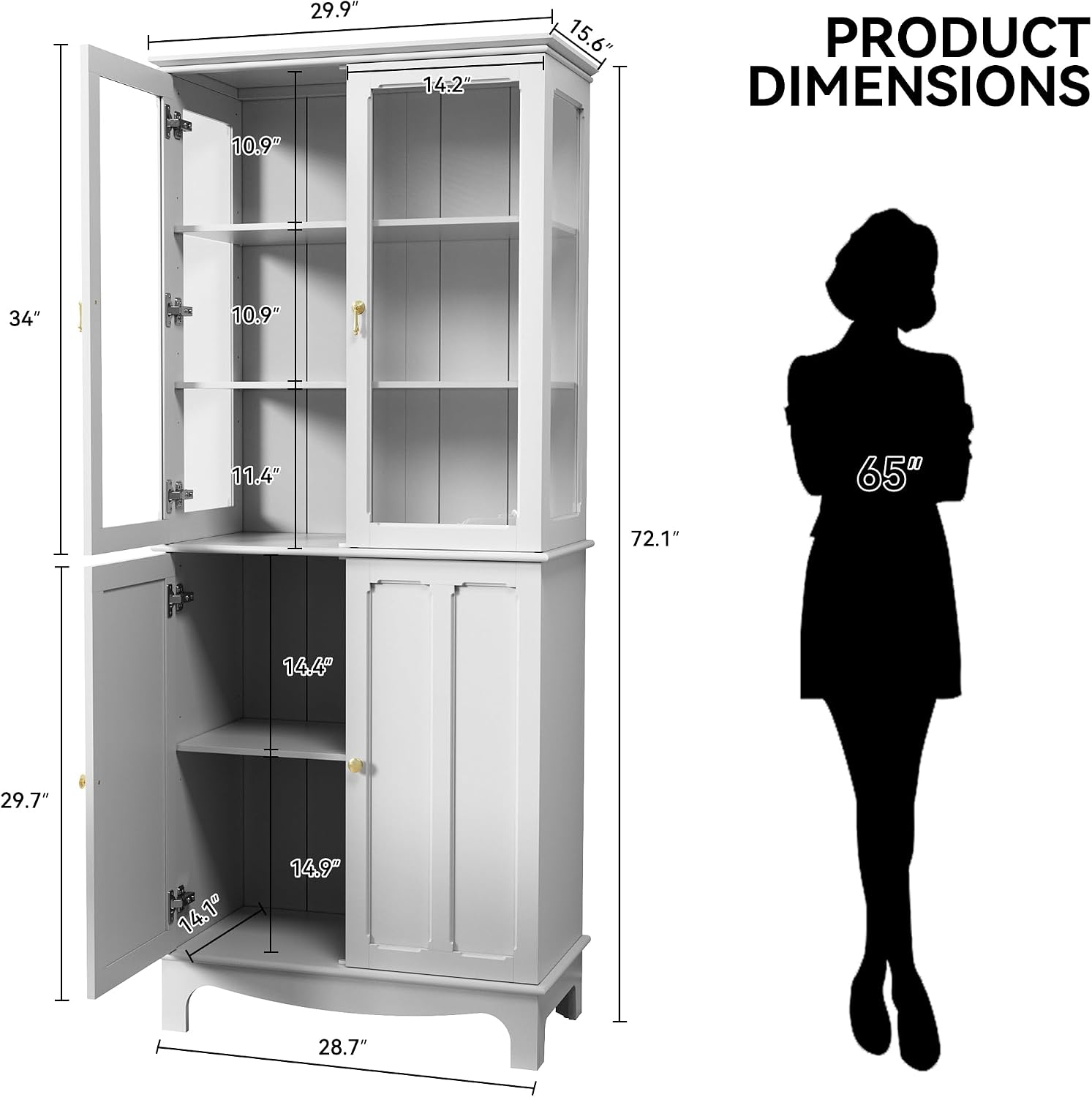 ARTPOWER 72' Freestanding Kitchen Pantry Storage Sideboard, Classical Tall Cabinet with Glass Door and Adjustable Shelves for Kitchen, Livingroom and Dining Room, White