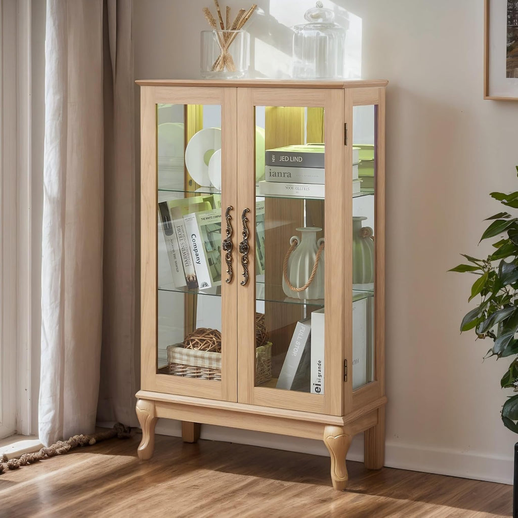 44' Small LED Glass Accent Curio Cabinet, Vintage China Cage with 2 Tempered Glass Doors & Adjustable Shelves, Acrylic Mirrored Pane, Elegant Wine Artwork Showcase for Living Room/Kitchen (Oak - LED)