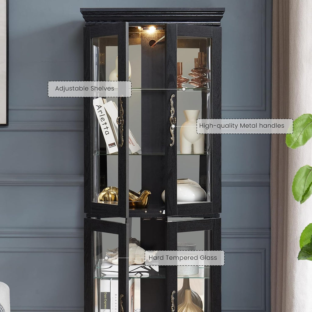 Lighted Curio Cabinet 71' Vintage Glass Display Case with Adjustable Shelves, 4 Tempered Glass Doors, Bulb Included, Wooden Square Wine Bar China Cabinet for Living Room Liquor Storage (Black)