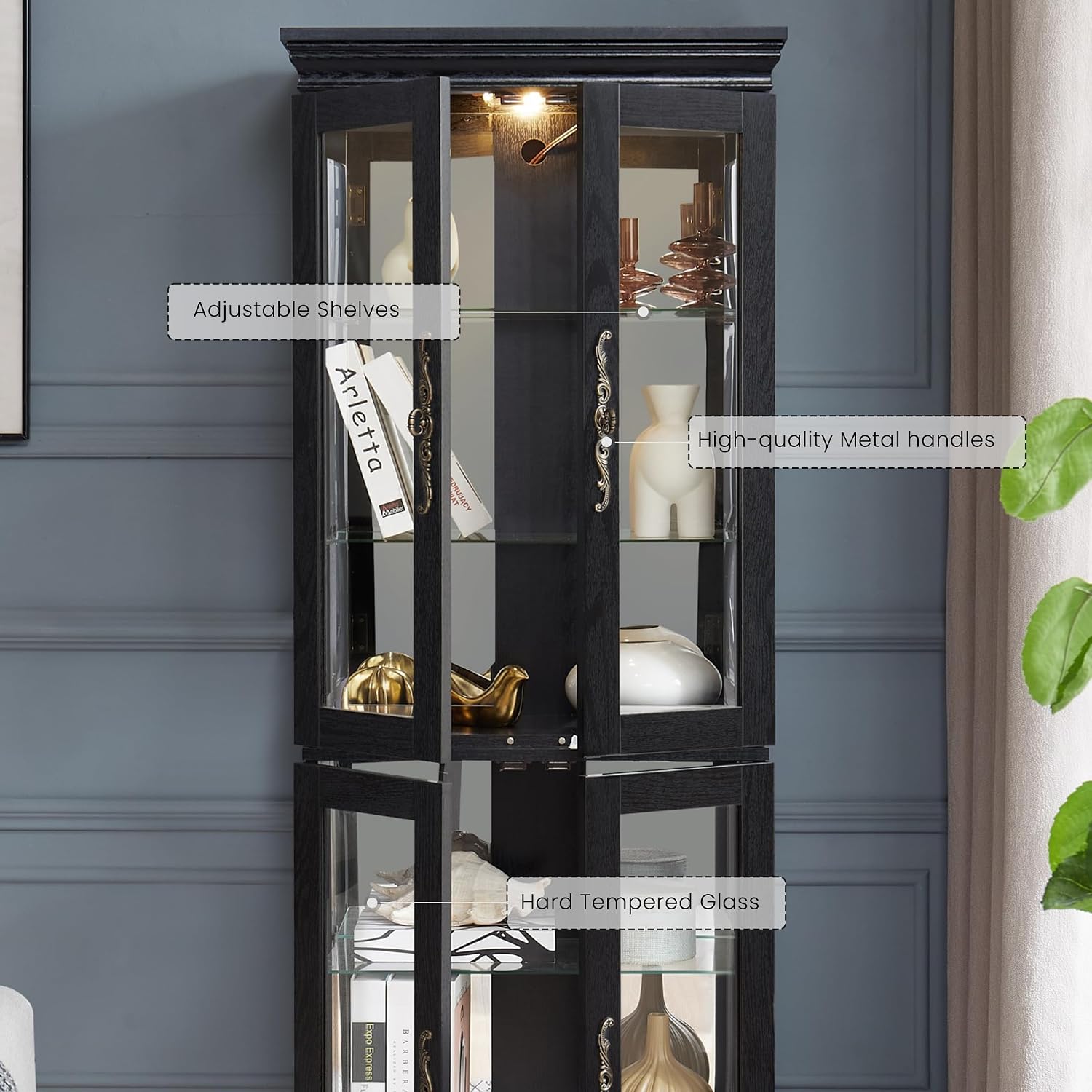 71' Lighted Curio Cabinet with 6 Adjustable Shelves, Vintage Glass Display Case, Tempered Glass Doors, Tall Wine Bar Cabinet for Living Room Liquor Storage, Bulb Included (Black & Square)