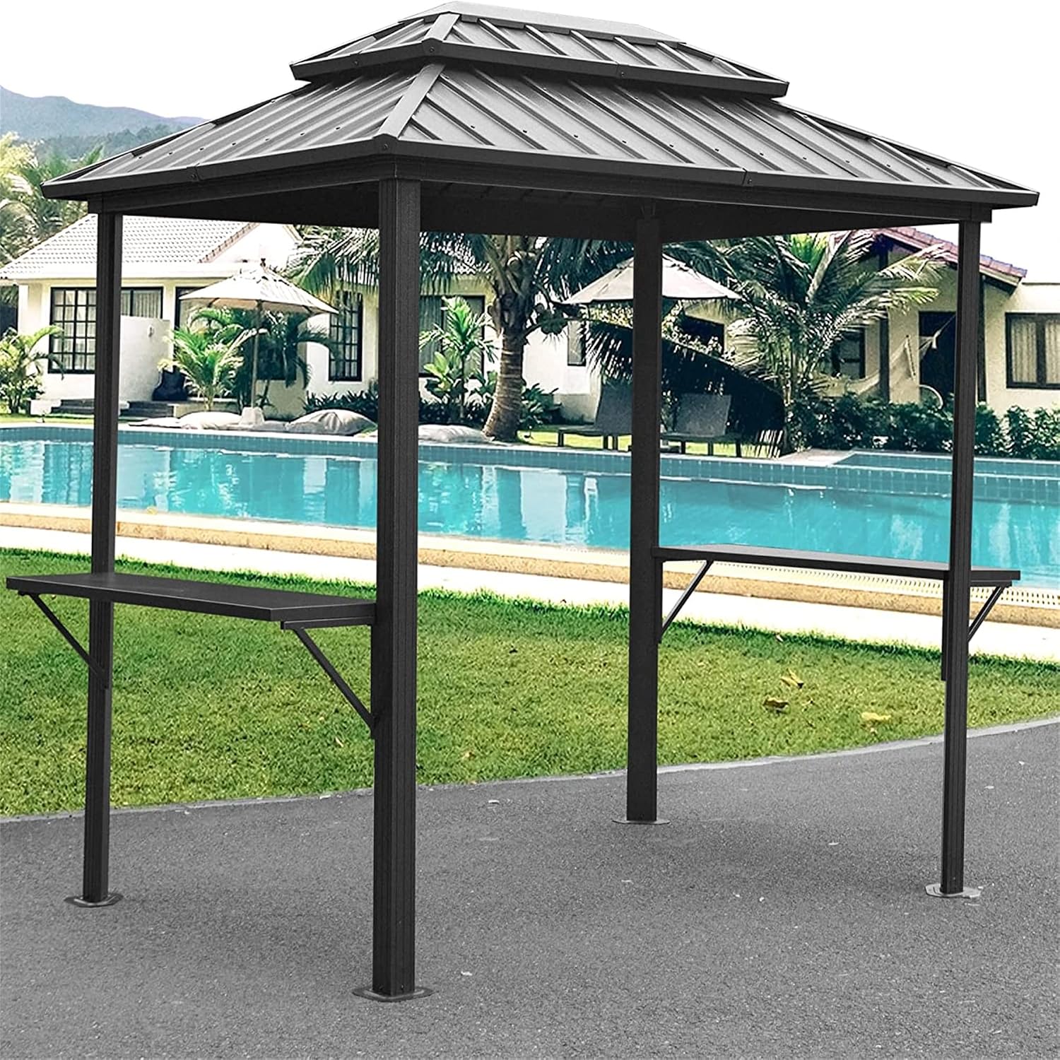 Grill Gazebo 8' × 6', Aluminum BBQ Gazebo Outdoor Metal e with Shelves Serving Tables, Pent Double Roof Hard top Gazebos for Patio Lawn Deck Backyard and G(Grey)