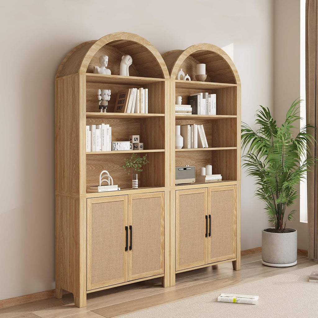 Janmer Home 71' Tall Arched Bookcase with Storage, Mid-Century Modern 6-Tier Curved Cabinet with Door, Arched Bookshelf Cabinet with Open Display Storage Shelf for Office Living Room (Natural)