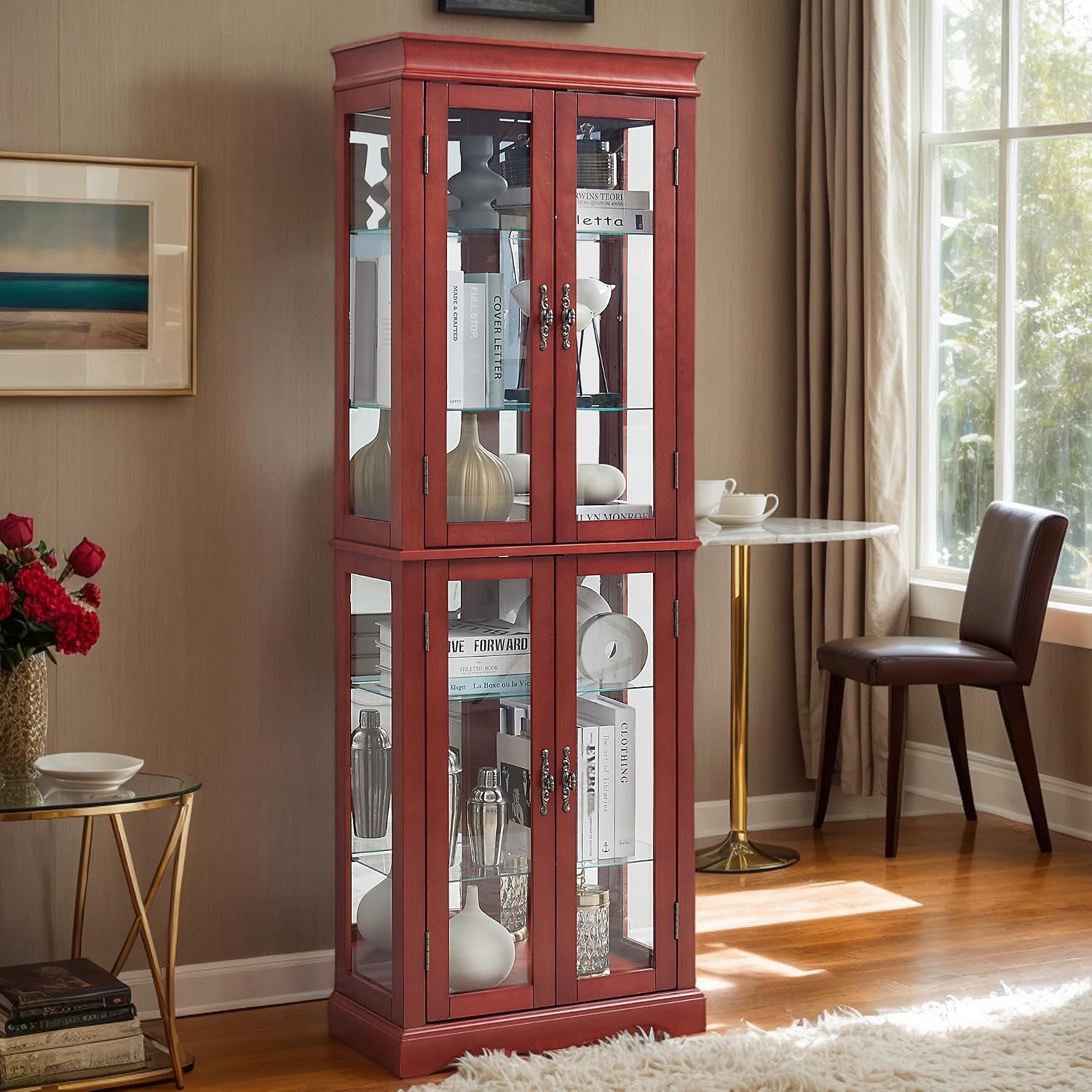 71' Lighted Curio Cabinet with 6 Adjustable Shelves, Vintage Glass Display Case, Tempered Glass Doors, Tall Wine Bar Cabinet for Living Room Liquor Storage, Bulb Included