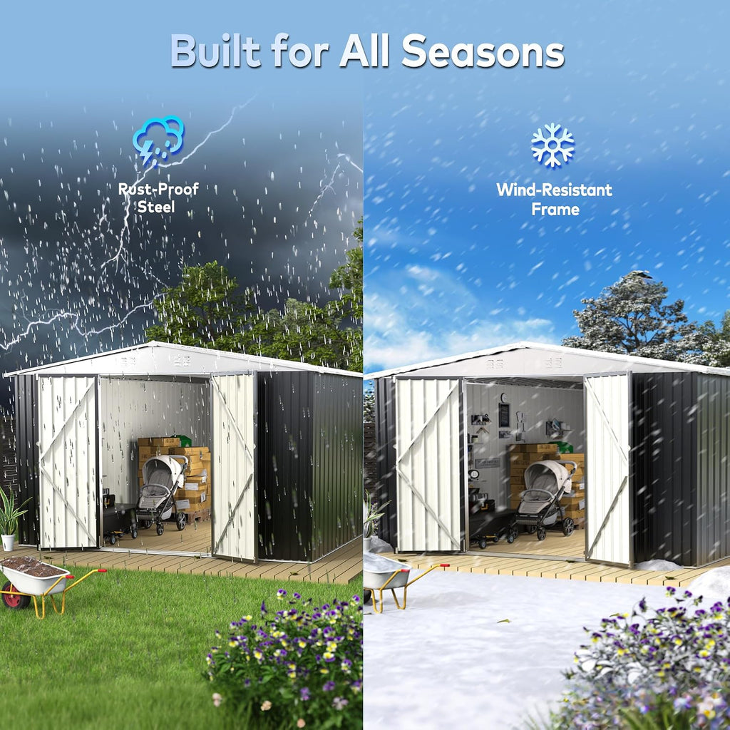 14 x 12FT Outdoor Storage Shed, Metal Waterproof Storage Shed Steel Utility Garden Tool Shed with Door & Lock Outdoor Storage,All-Weather Shelter for Bike, Gardening Tools, Lawn Mowers,White