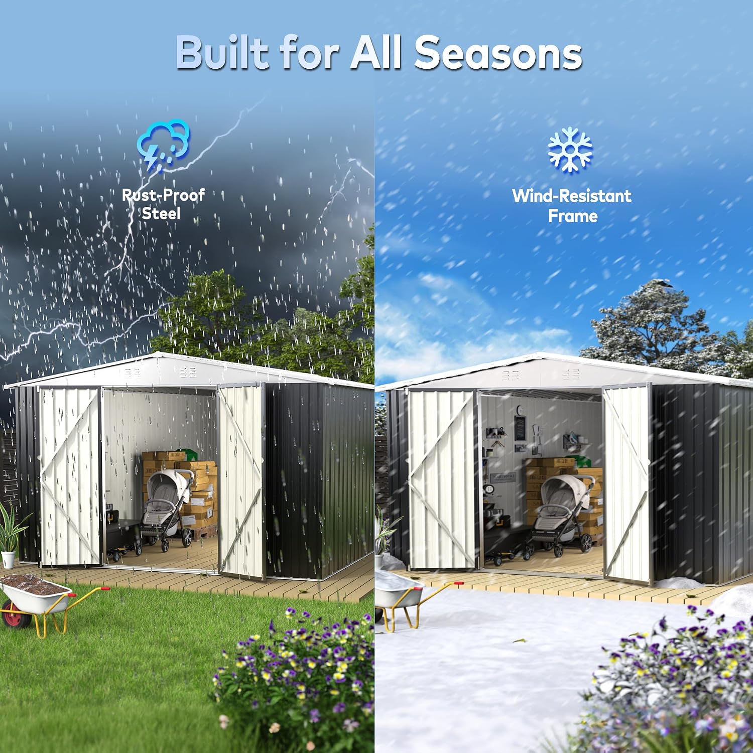 14 x 12FT Outdoor Storage Shed, Metal Waterproof Storage Shed Steel Utility Garden Tool Shed with Door & Lock Outdoor Storage,All-Weather Shelter for Bike, Gardening Tools, Lawn Mowers,White
