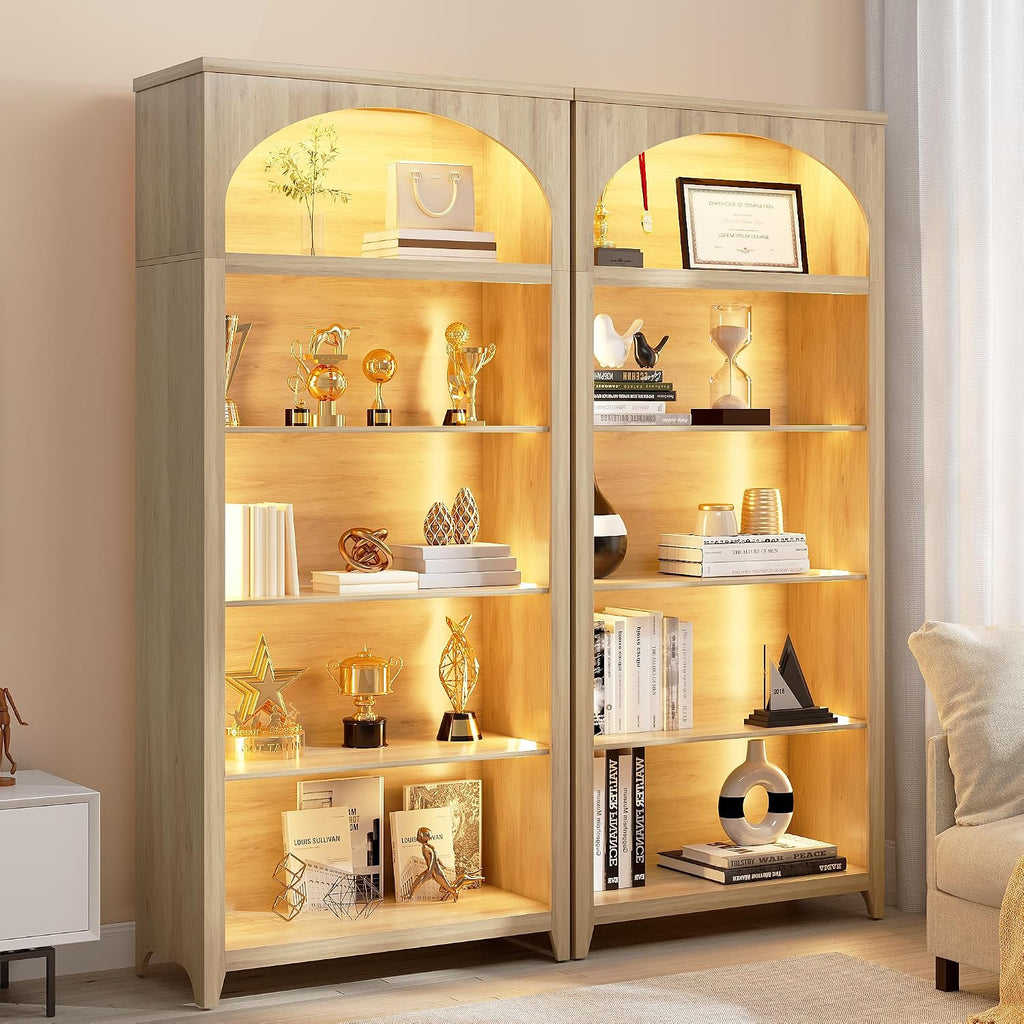 2pc LED Arched Bookshelf with Lights - 70'' Tall Bookcase with Storage, 5-Tier Floor Standing Modern Display Shelf for Living Room, Office, Study Room, Entryway, Ideal Gift, Natural Oak