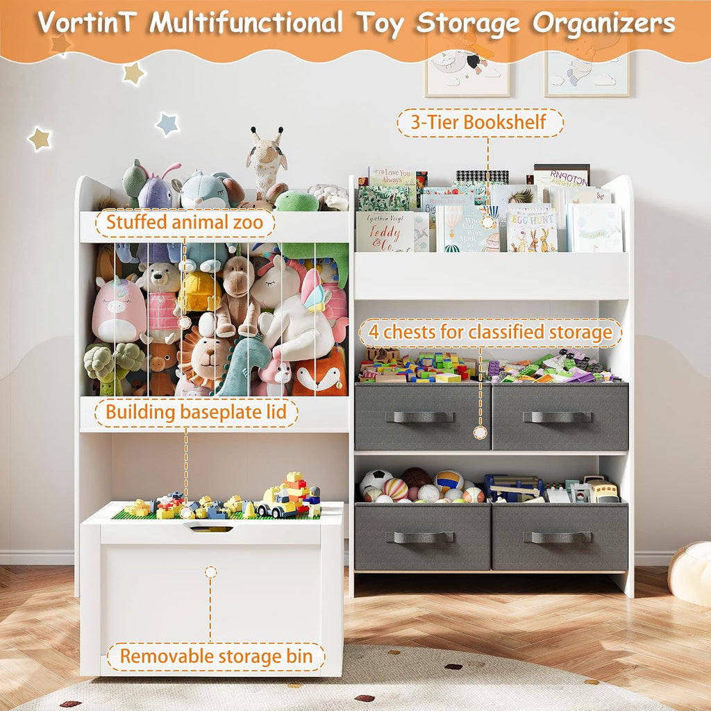 51.1' W Large Toy Storage Organizer with Stuffed Animal Storage, Kids Bookshelf with 4 Removable Toy Bins, Movable Toy Box with Buildable Baseplate Lid for Lego Bricks, Ideal for Kids Room Playroom