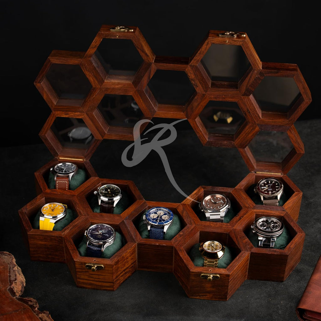 Wooden Watch Box Organizer for Men – 9 Slot Luxury Honeycomb Watch Case | Dark Rosewood Wood & Glass Display Box | Elegant Wooden Timepiece Display Case Boxes for Men – Luxury Gift for Him