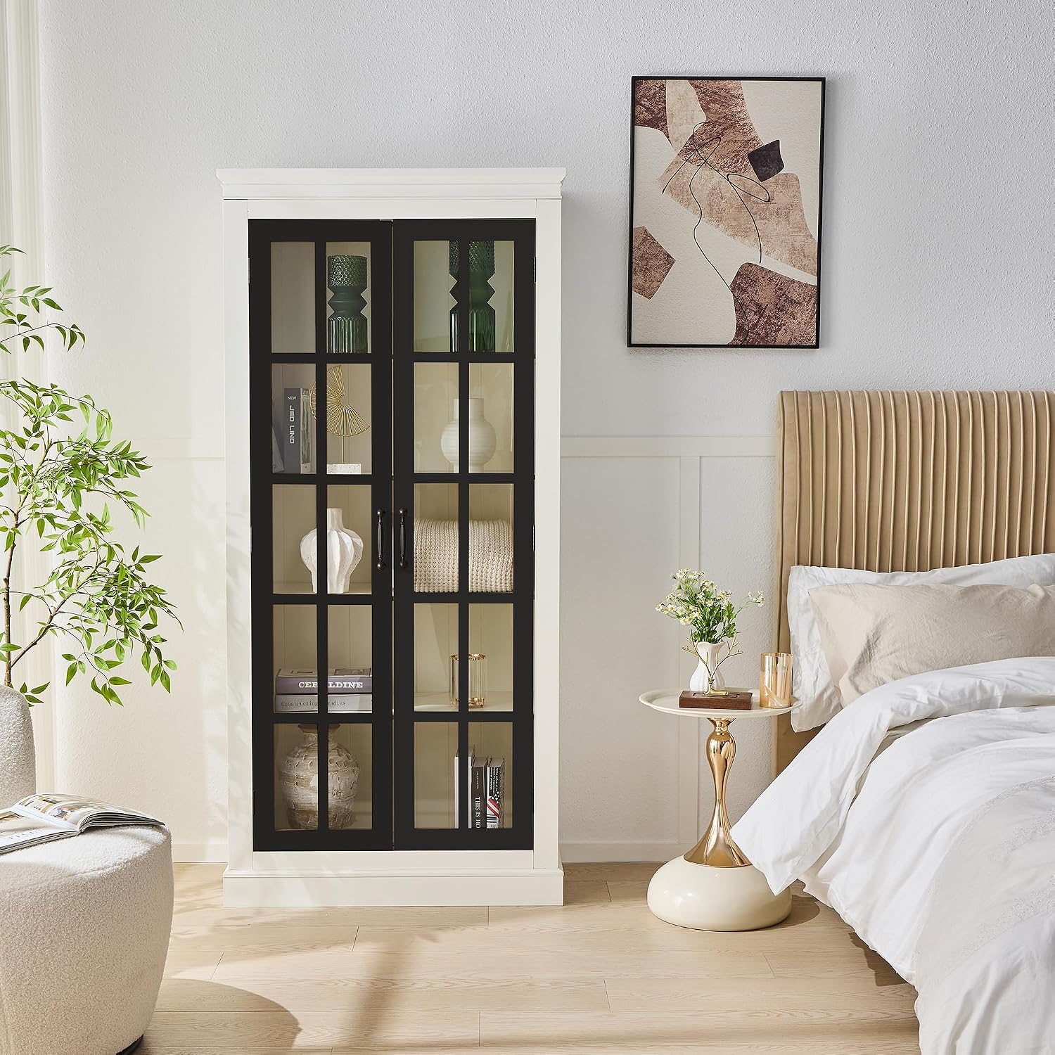 Ball & Cast 71.2' Tall Display Cabinet W/Glass Doors,Curio Cabinet W/Adjustable Shelves&Fixed Shelves for Collectibles,Trophies,Farmhouse Style Cabinets for Hallways,Living Room,Bedroom,White&Black