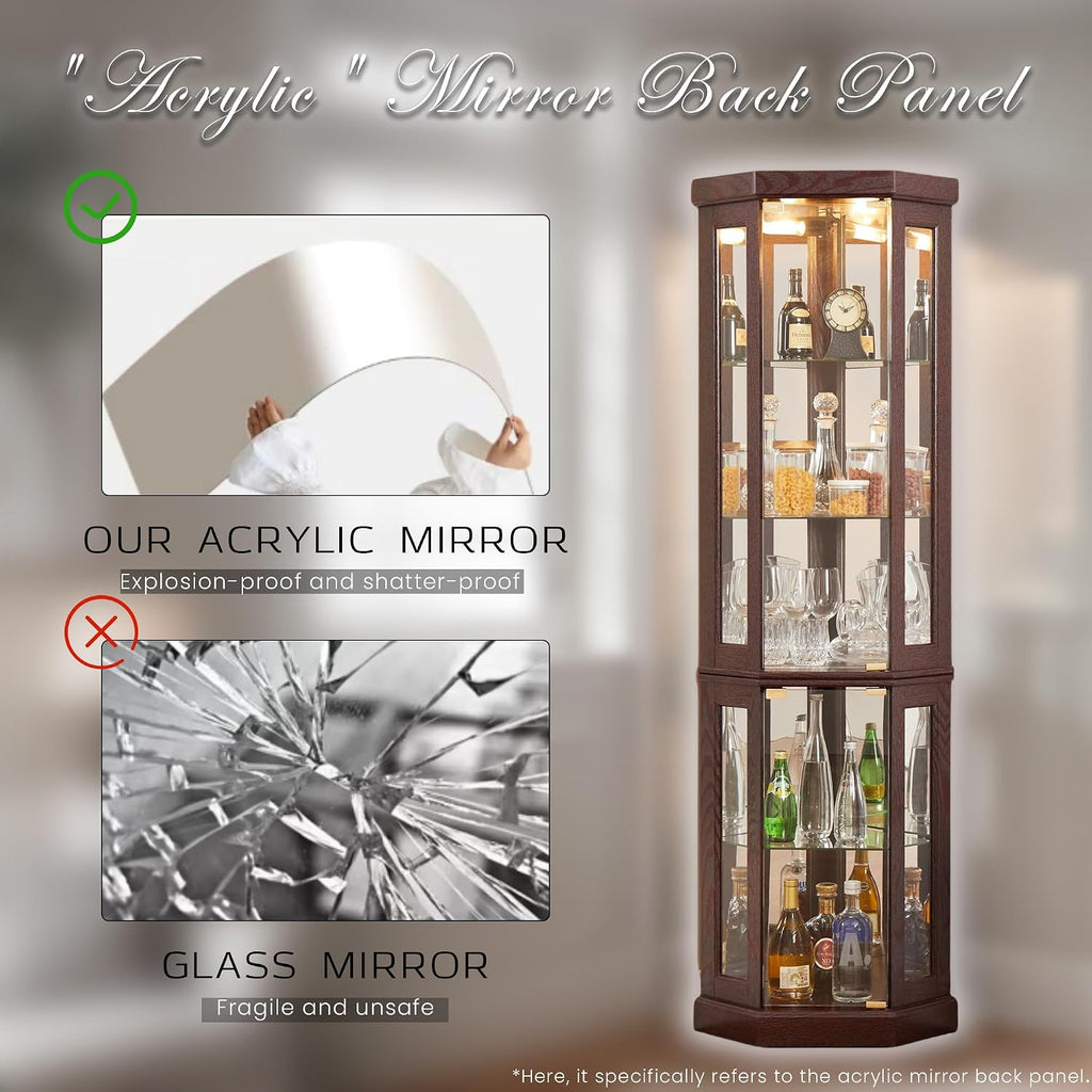 70' Lighted Corner Curio Cabinet, Wood China Display Case with Tempered Glass Doors & Adjustable Shelves, Light Bulb Included, Tall Wine Storage Rack for Bar and Liquor Storage (Dark Cherry)
