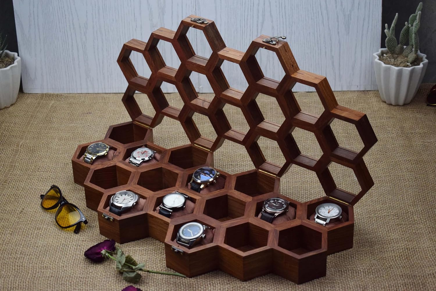 Royal Craft Expertise Dark Rosewood Honeycomb Watch Box - Sixteen Slot Display Case, Wooden Organizer for Men