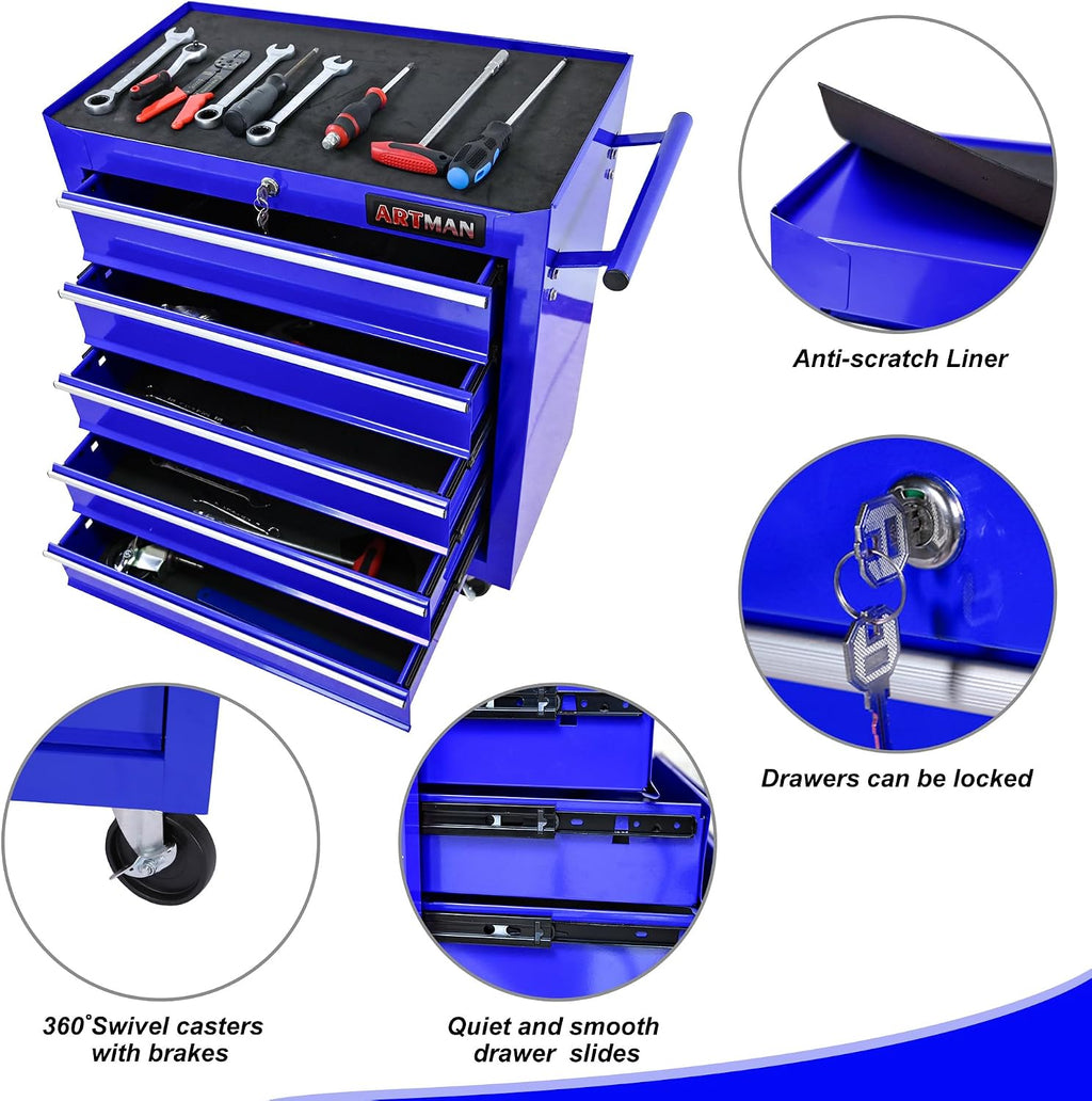 5 Drawers Tool Cart on Wheels, 5 Drawer Rolling Tool Chest with Key Lock, Trolley Organizer Tool Case, Multifunctional Rolling Tool Box for Garage,Warehouse,Workshop,Repair Shop (Blue)