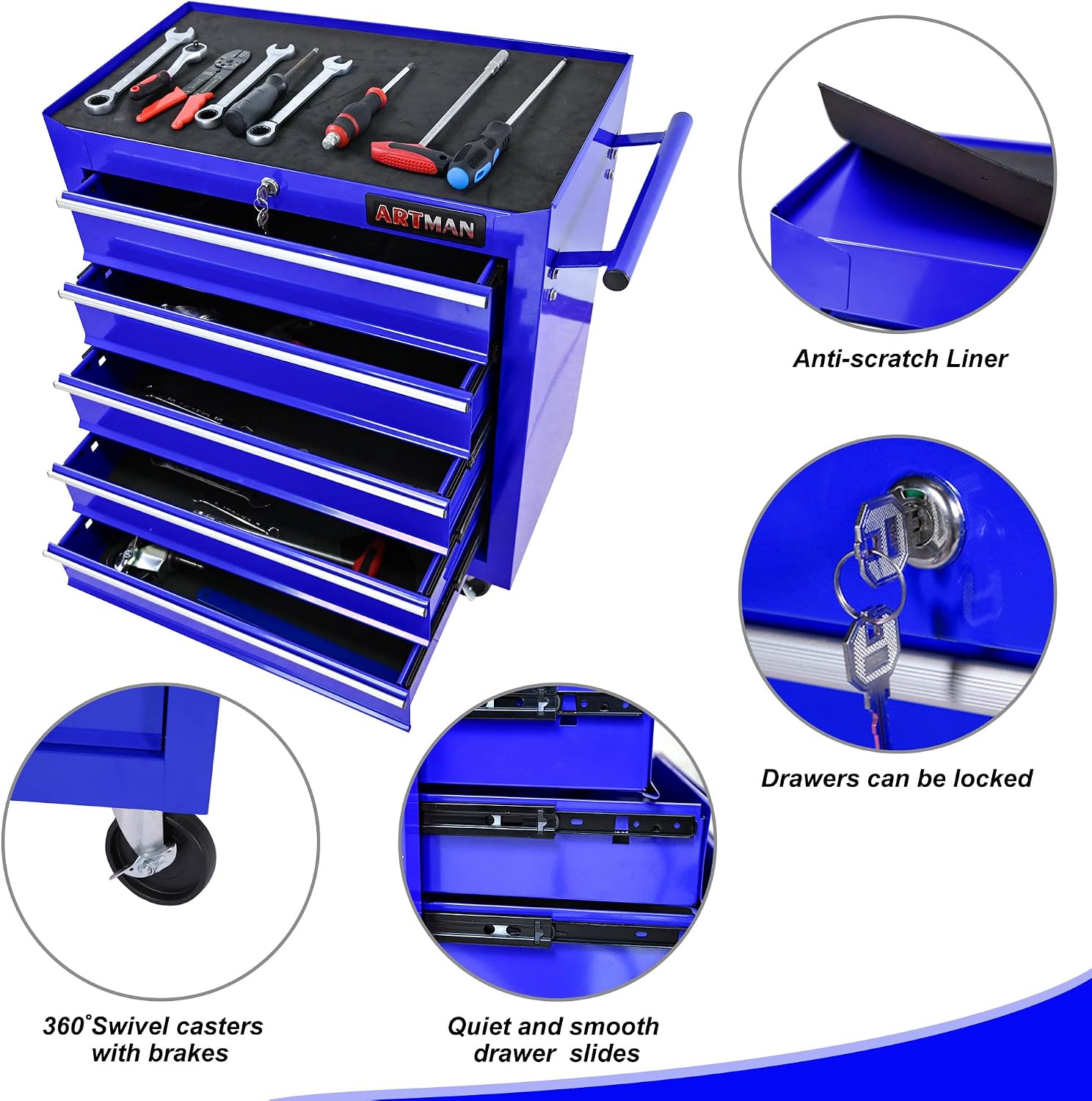 5 Drawers Tool Cart on Wheels, 5 Drawer Rolling Tool Chest with Key Lock, Trolley Organizer Tool Case, Multifunctional Rolling Tool Box for Garage,Warehouse,Workshop,Repair Shop (Blue)