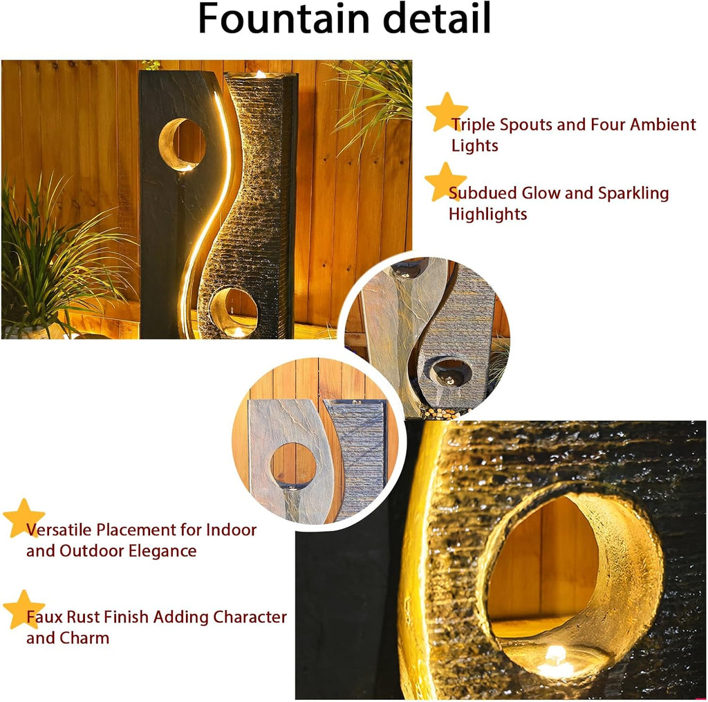 Tankana 47 inches Water Fountain Outdoor Garden - Waterfall Indoor Modern Large Freestanding Water Feature Fountains Faux Rust Finish with LED Lights for Patio Yard Pool Home Decor
