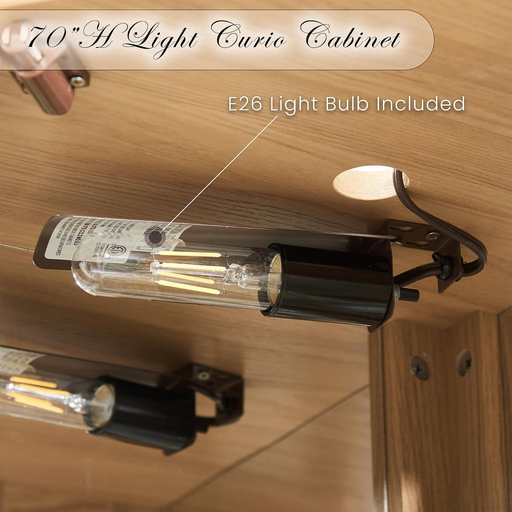 70' Lighted Corner Curio Cabinet, Wood China Display Case with Tempered Glass Doors & Adjustable Shelves, Light Bulb Included, Tall Wine Storage Rack for Bar and Liquor Storage (Light Oak)