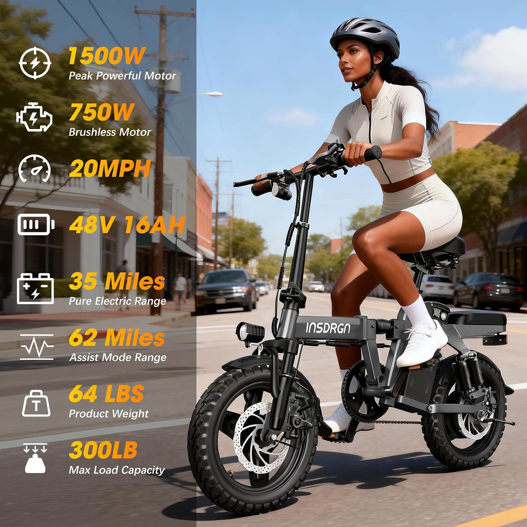 INSDRGN 14' Folding Electric Bike for Adults, Peak 1500W Motor,20MPH Max Speed,48V 16Ah Removable Battery Electric Bike, 35/62Miles Max Range, UL 2849 Certified E Bike
