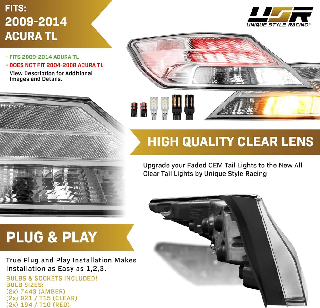USR 09-14 TL Tail Light – CLEAR Tail Lamps w/ x6 LED Bulb Upgrade (Left + Right) Pair - Compatible with 2009-2014 Acura TL UA8/UA9 All Models like Base & SH-AWD (ALL CLEAR TAIL LIGHTS w/ x6 LED BULBS)