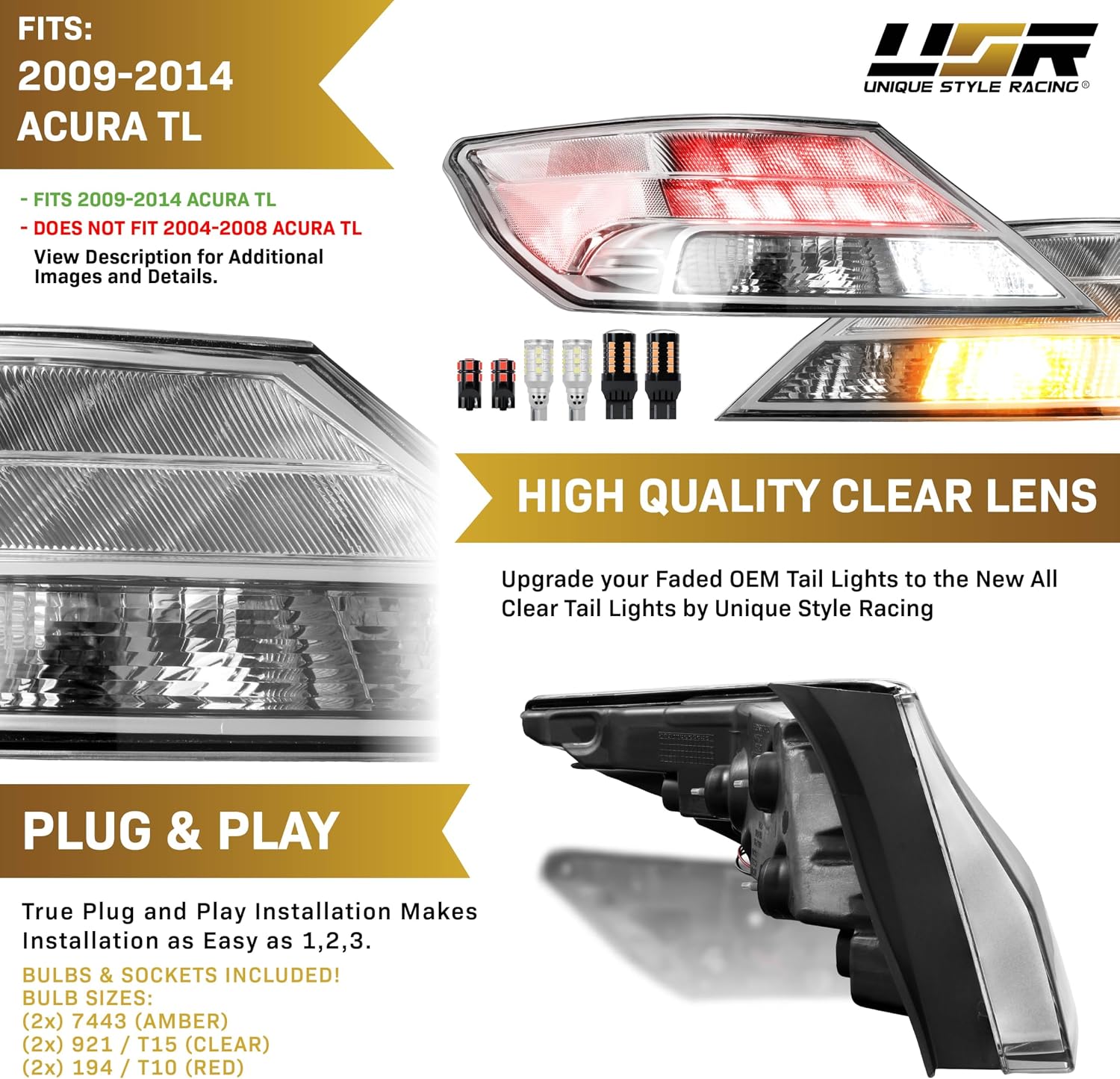 USR 09-14 TL Tail Light – CLEAR Tail Lamps w/ x6 LED Bulb Upgrade (Left + Right) Pair - Compatible with 2009-2014 Acura TL UA8/UA9 All Models like Base & SH-AWD (ALL CLEAR TAIL LIGHTS w/ x6 LED BULBS)