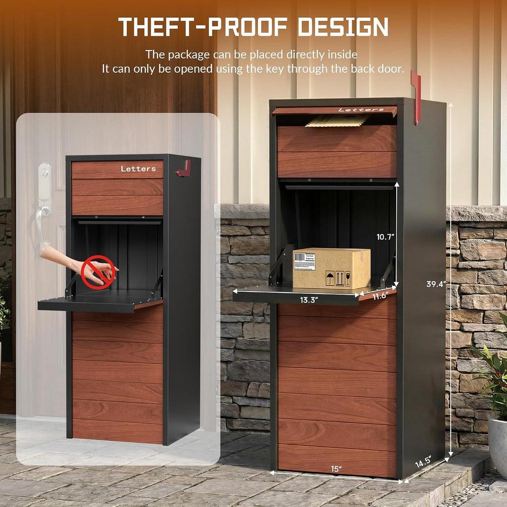 Merapi Large Parcel Drop Box for Outside – Fully Assembled Package Delivery Box with Rear Access – Weather-Resistant Galvanized Steel Locking Mailbox for Porch & Curbside (Oak-Grain Steel)