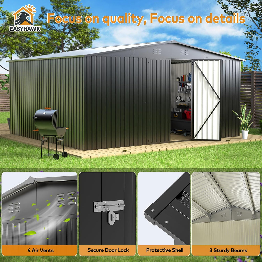 12 x 14 FT Metal Outdoor Storage Shed, Waterproof Garden Utility Shed with Lockable Door, All-Weather Storage Shelter for Bikes,Tool for Patio Lawn Backyard Garden Black
