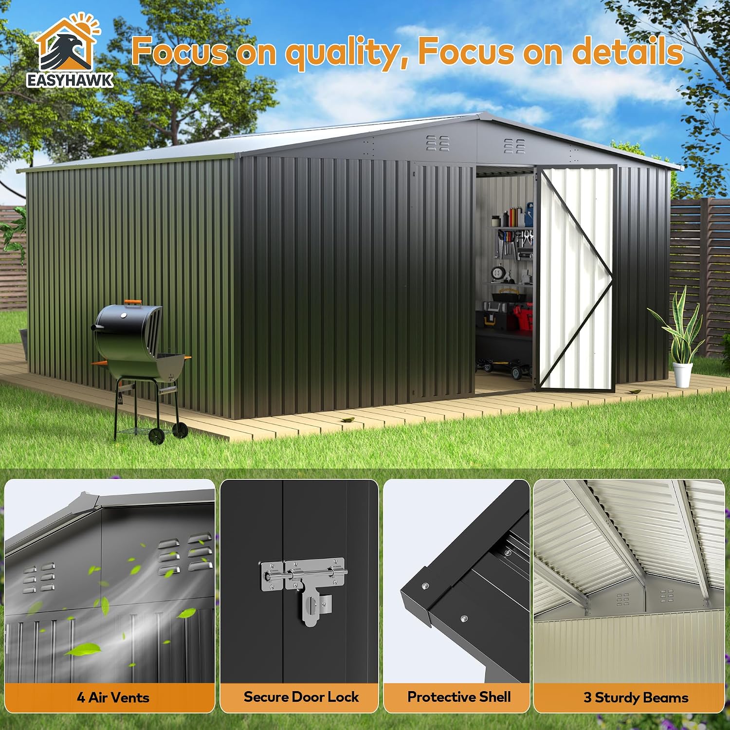 12 x 14 FT Metal Outdoor Storage Shed, Waterproof Garden Utility Shed with Lockable Door, All-Weather Storage Shelter for Bikes,Tool for Patio Lawn Backyard Garden Black
