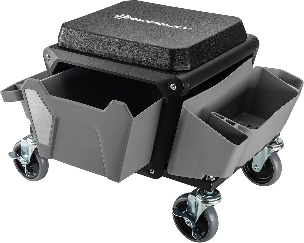 Powerbuilt Rolling Work Seat Brake Stool with 4-inch Rubber Lockable Wheels, Big Seating Platform, Tool Trays and Drawer 330 lb. Capacity, Mechanics, Gardening, Garage - 941881ECE, Grey