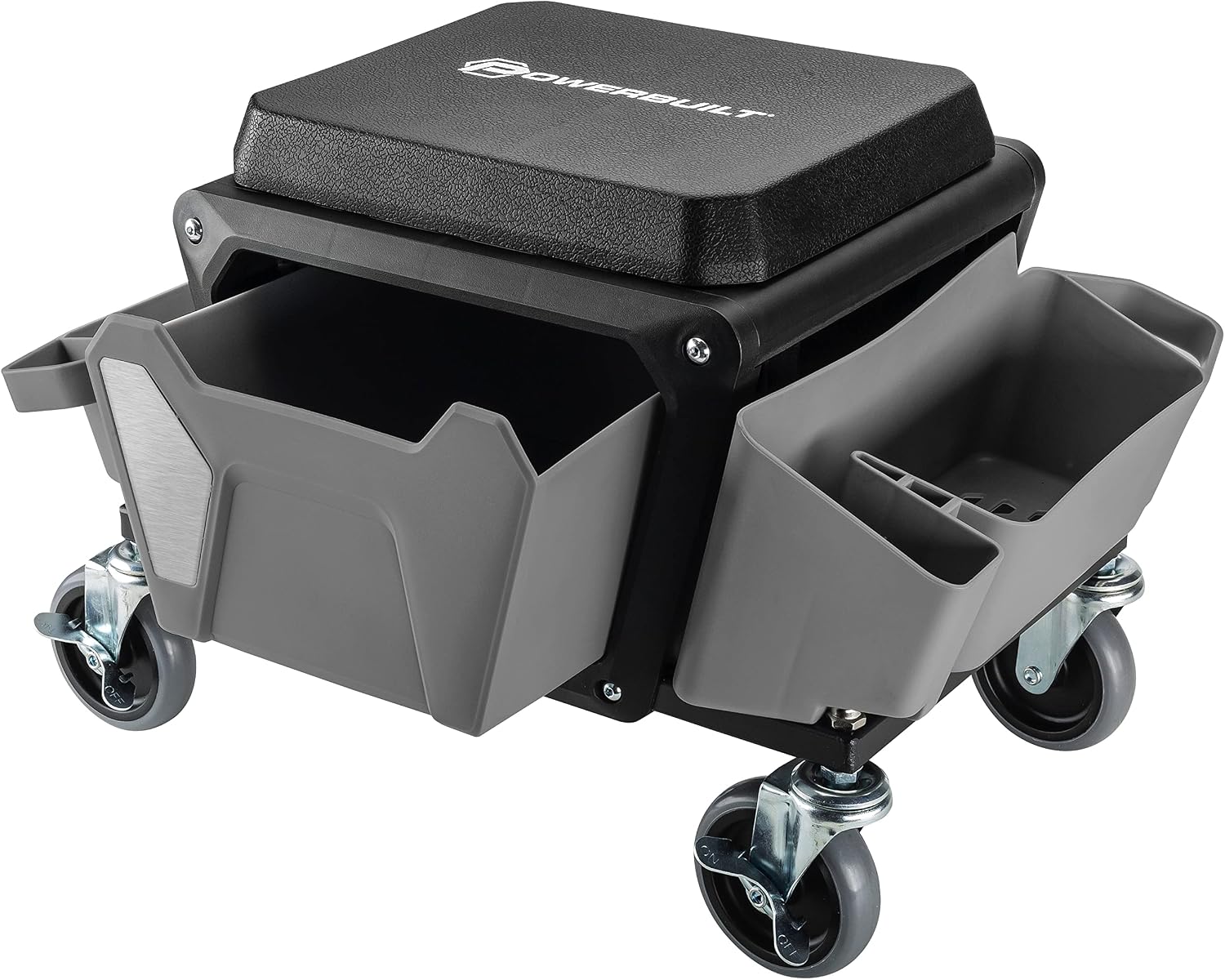 Powerbuilt Rolling Work Seat Brake Stool with 4-inch Rubber Lockable Wheels, Big Seating Platform, Tool Trays and Drawer 330 lb. Capacity, Mechanics, Gardening, Garage - 941881ECE, Grey