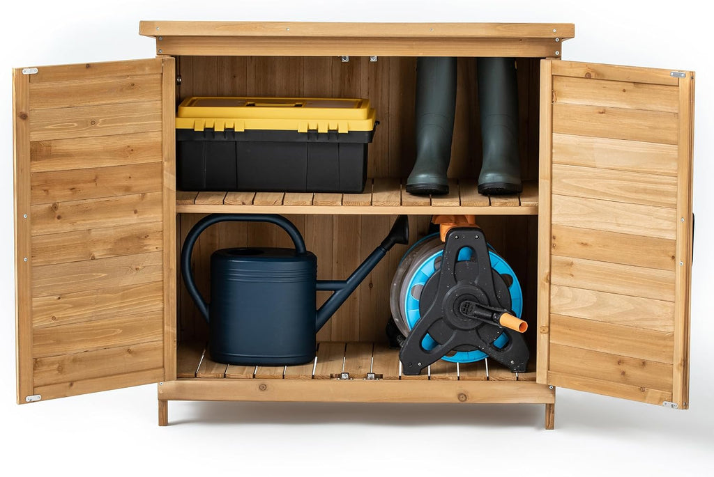 TAKUKA Outdoor Storage Cabinet with 2 Shelves, Wooden Garden Shed with Double Doors& Waterproof Roof，Outside Utility Tool Organizer for Garden Farm Backyard