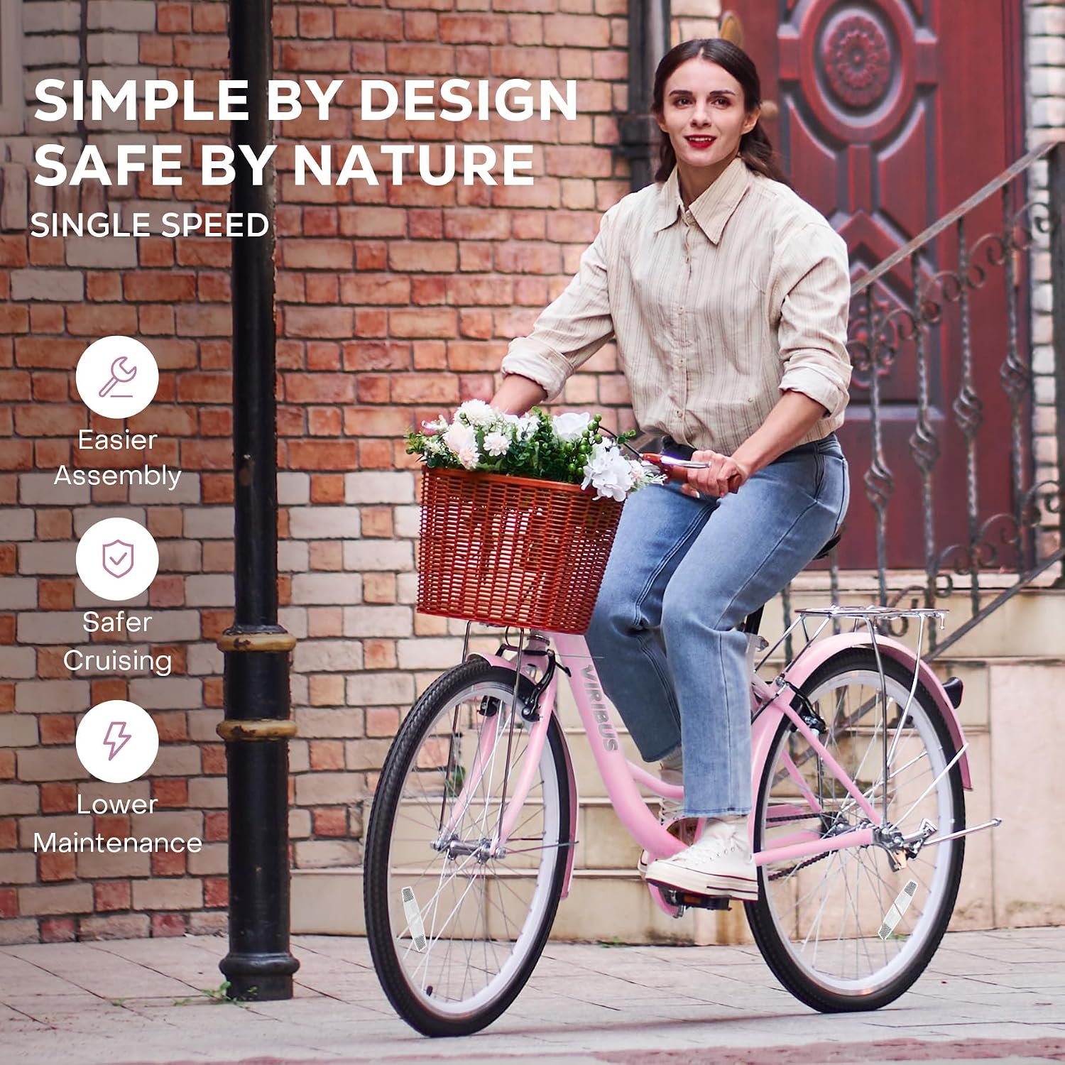 VIRIBUS Beach Cruiser Bike for Women, Single Speed Womens Bike with Basket & Rack 24 26 inch, Retro Step Through Cruiser Bicycle for Petite Short Women Female Ladies City Commuter, 330 lb.