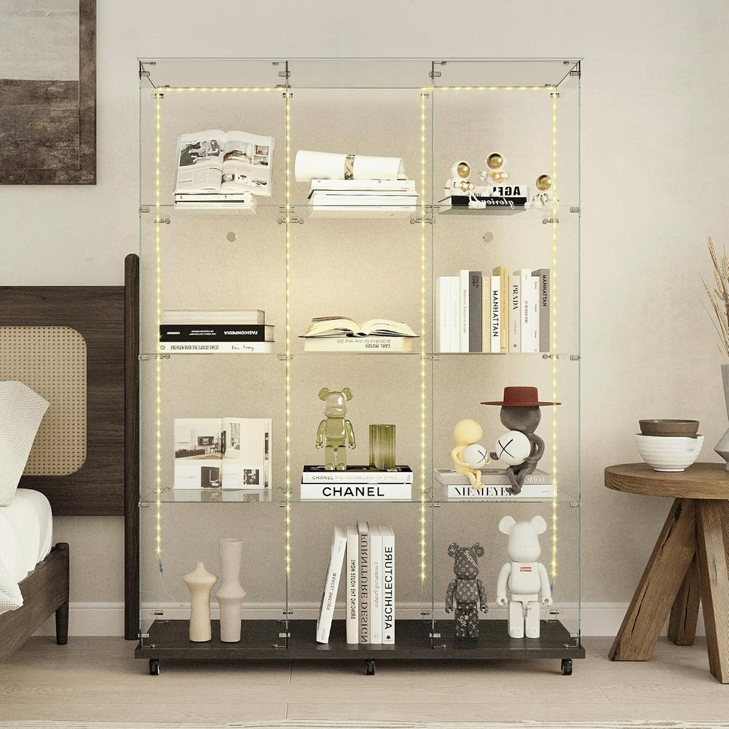 65' Tall Tempered Glass Display Cabinet with LED Lights&Rolling Wheels, Curio Cabinet with 4 Shelves with 2 Door, Quick-Install Style Floor Standing Bookshelf File Cabinet for Living Room Office