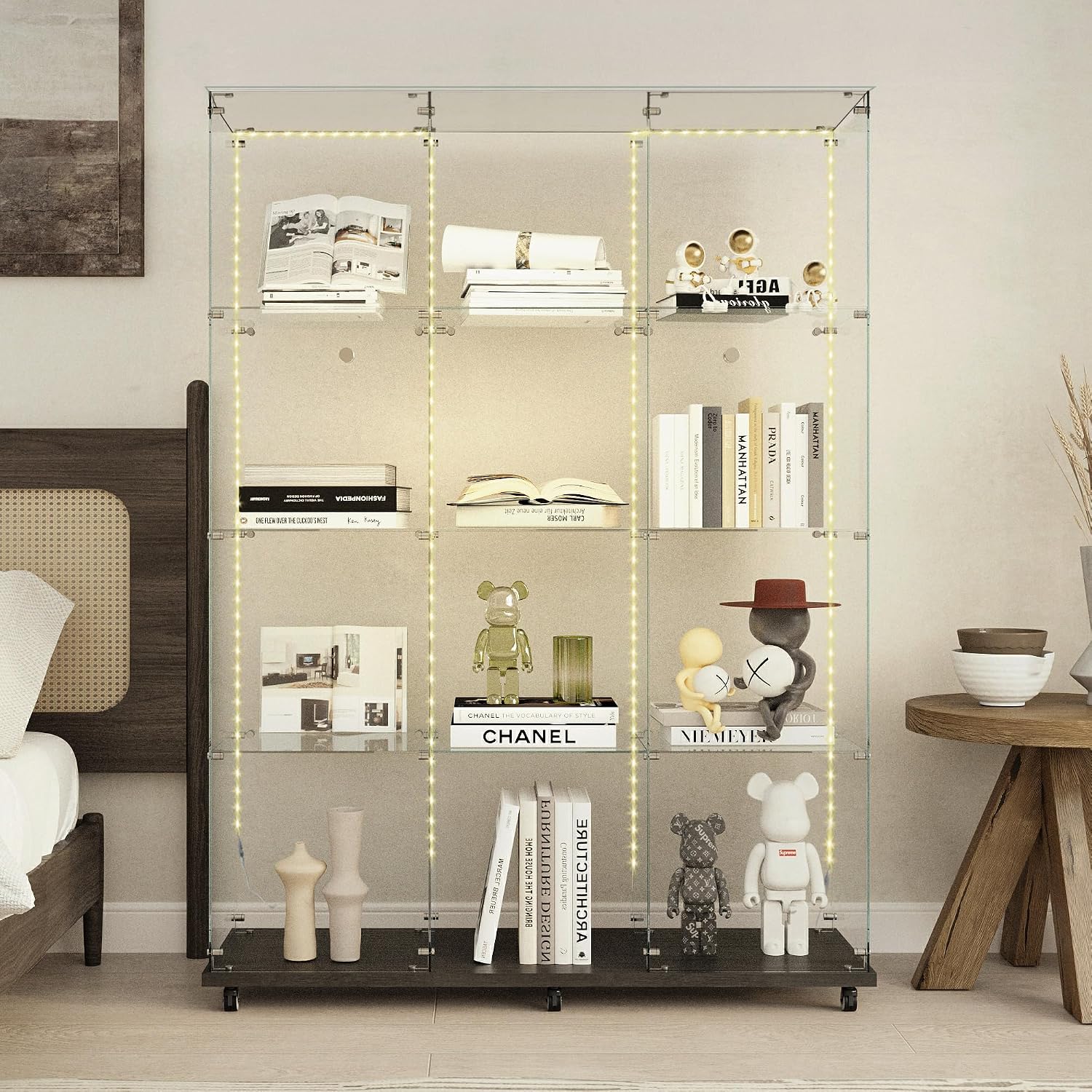 65' Tall Tempered Glass Display Cabinet with LED Lights&Rolling Wheels, Curio Cabinet with 4 Shelves with 2 Door, Quick-Install Style Floor Standing Bookshelf File Cabinet for Living Room Office