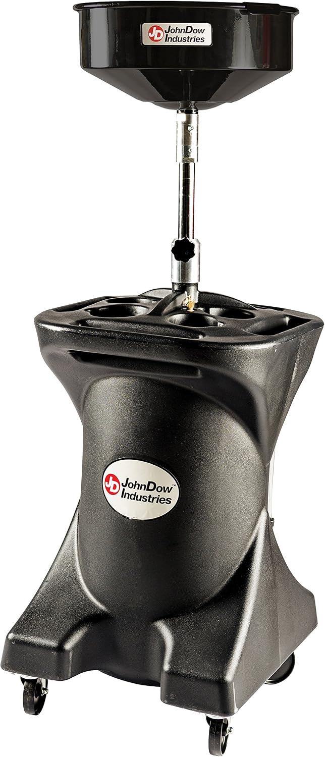 JohnDow Industries JDI-27DC 27 Self-Evacuating Portable Oil Drain, 16 inch Diameter Centered Funnel, Adjustable Funnel Height of 45 in. to 70 in. with Molded in Tool Tray for Oil Filters and Tools