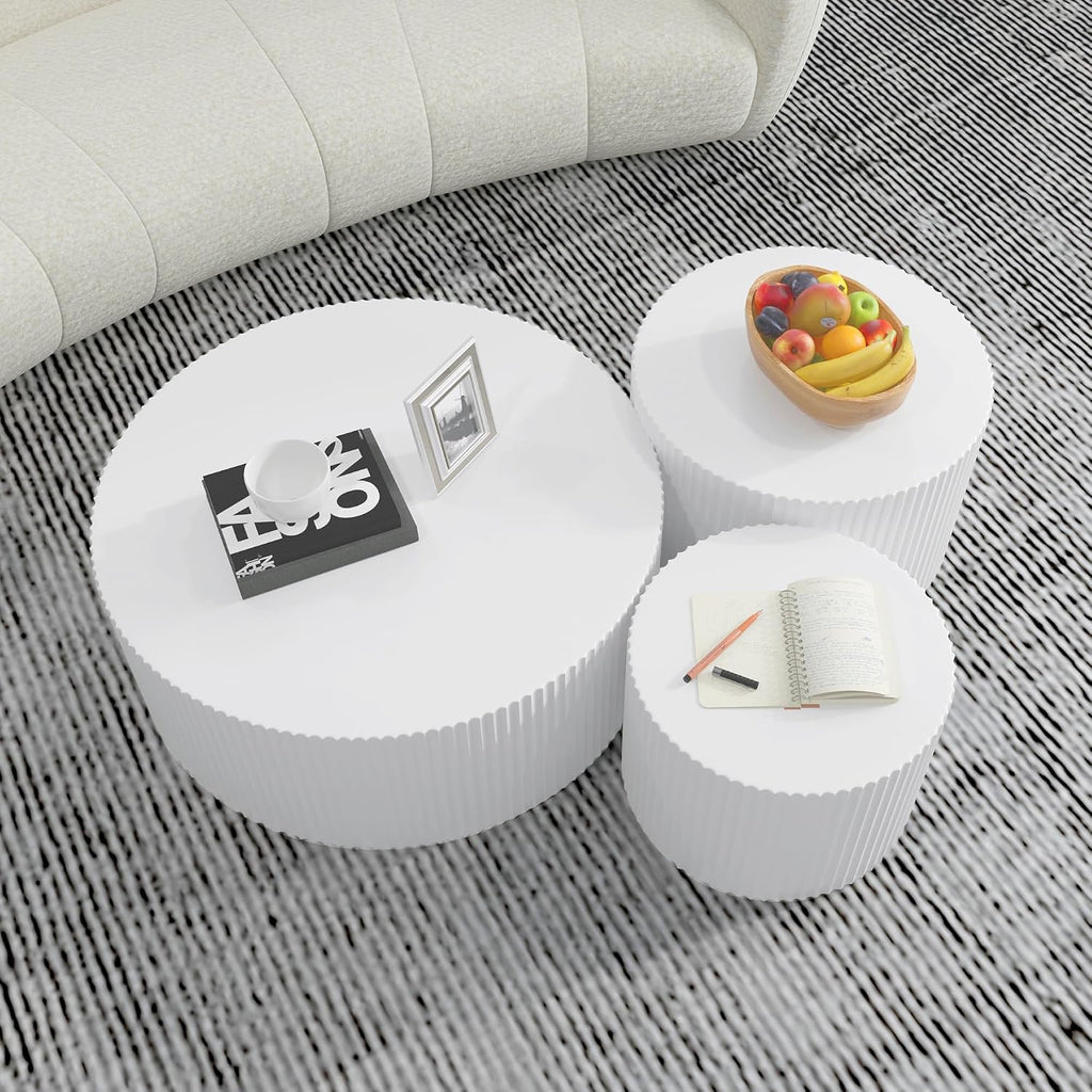 White Round Coffee Table Set of 3 Modern Drum Circle Nesting Coffee Tables for Living Room, Contemporary Wood Fluted Embossed Side Table End Table, No Assembly, White (3-Pcs)