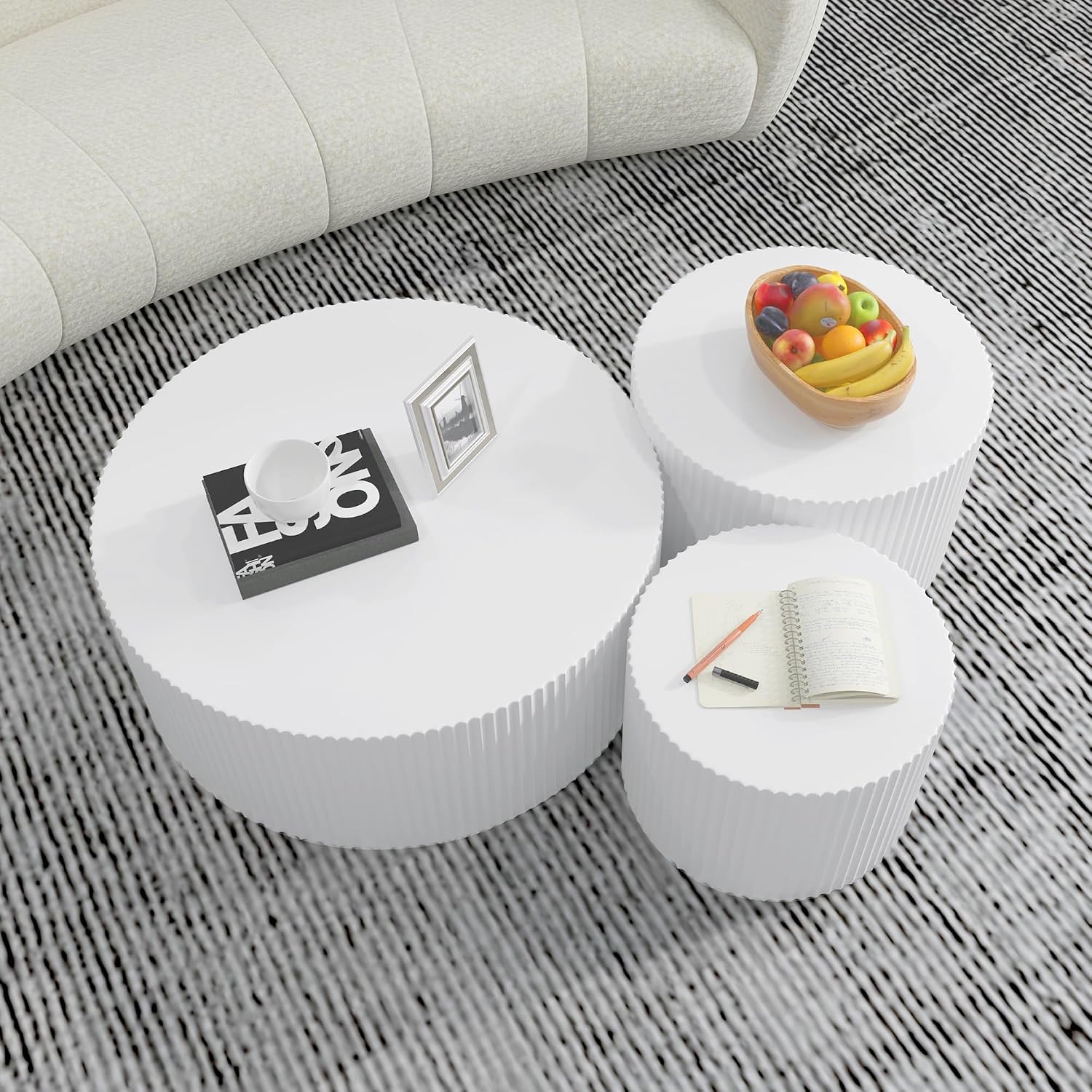 White Round Coffee Table Set of 3 Modern Drum Circle Nesting Coffee Tables for Living Room, Contemporary Wood Fluted Embossed Side Table End Table, No Assembly, White (3-Pcs)