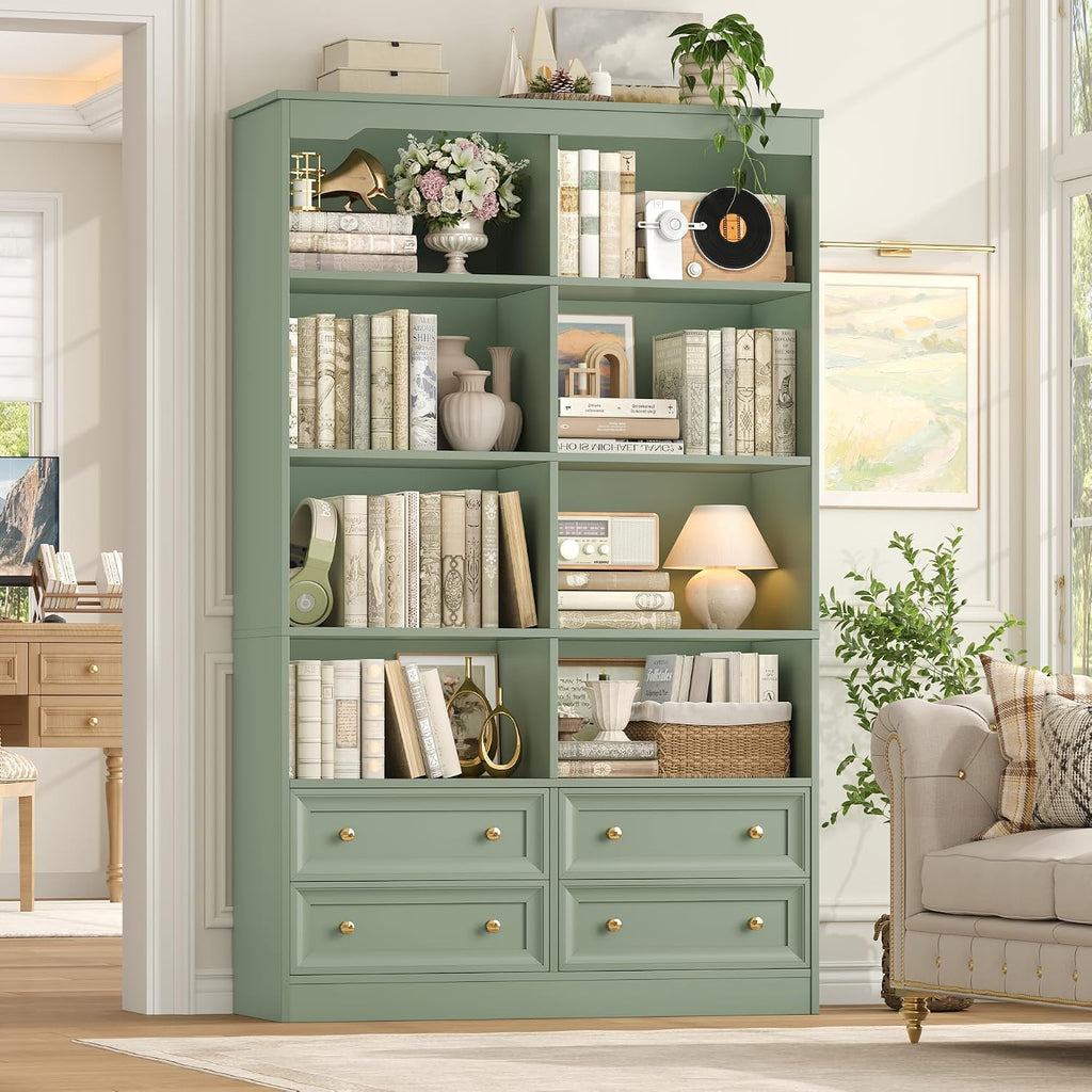 FINETONES 71' Tall Bookshelf with 4 Drawers, 6-Tier Double Wide Bookshelves and Bookcases with Storage, Green Bookshelf Large Open Bookshelves Standing Book Cabinet for Home Office