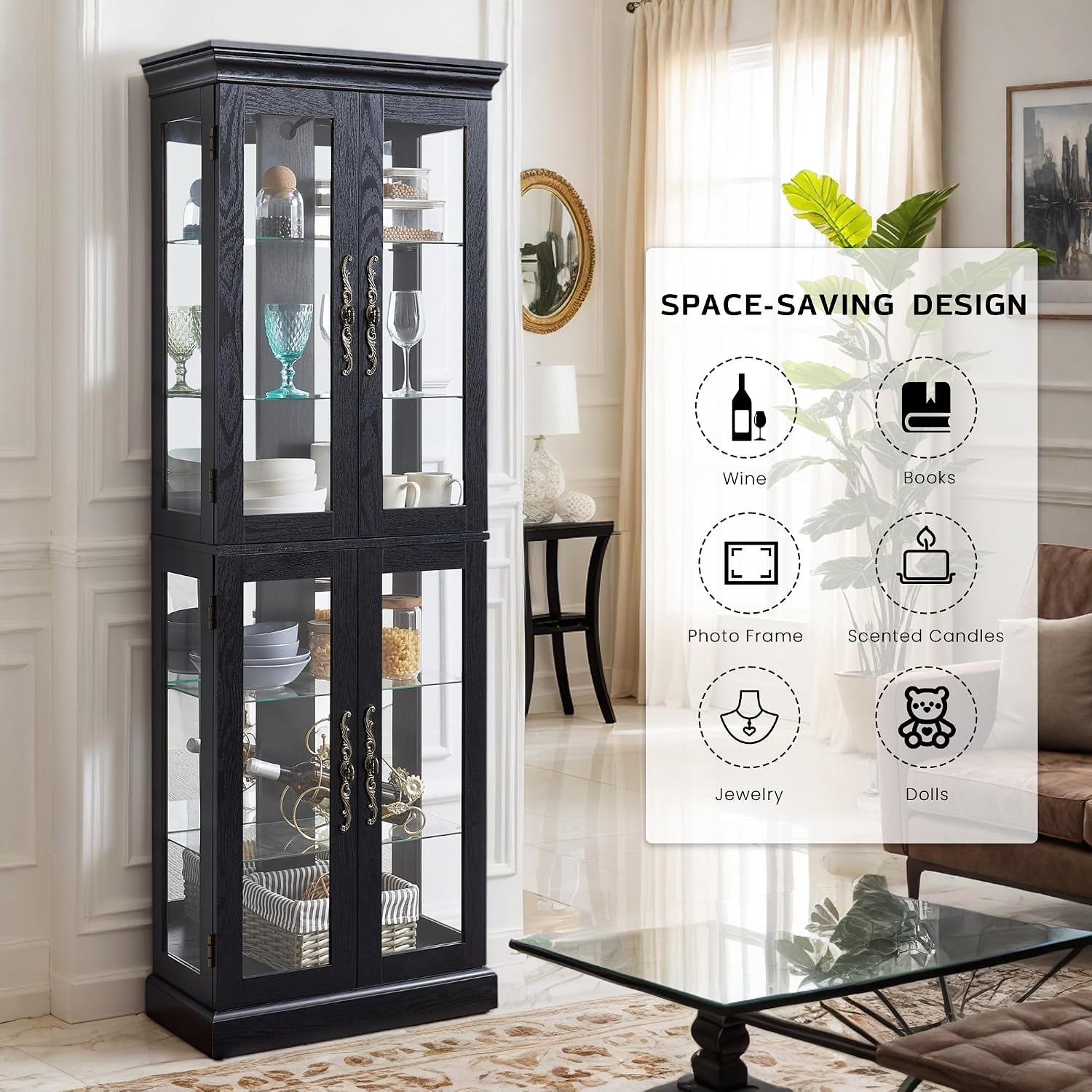 Lighted Curio Cabinet 71' Vintage Glass Display Case with Adjustable Shelves, 4 Tempered Glass Doors, Bulb Included, Wooden Square Wine Bar China Cabinet for Living Room Liquor Storage (Black)