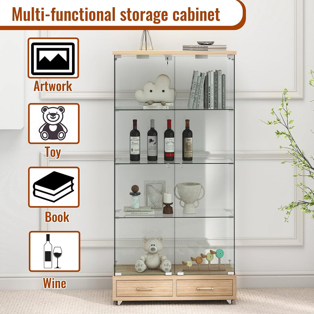 Modern Glass Display Cabinet with LED Light 4-Shelf Curio Cabinets with Storage Drawer and Wheels,Tempered Glass Display Shelf Bookcase for Living Room Home Office