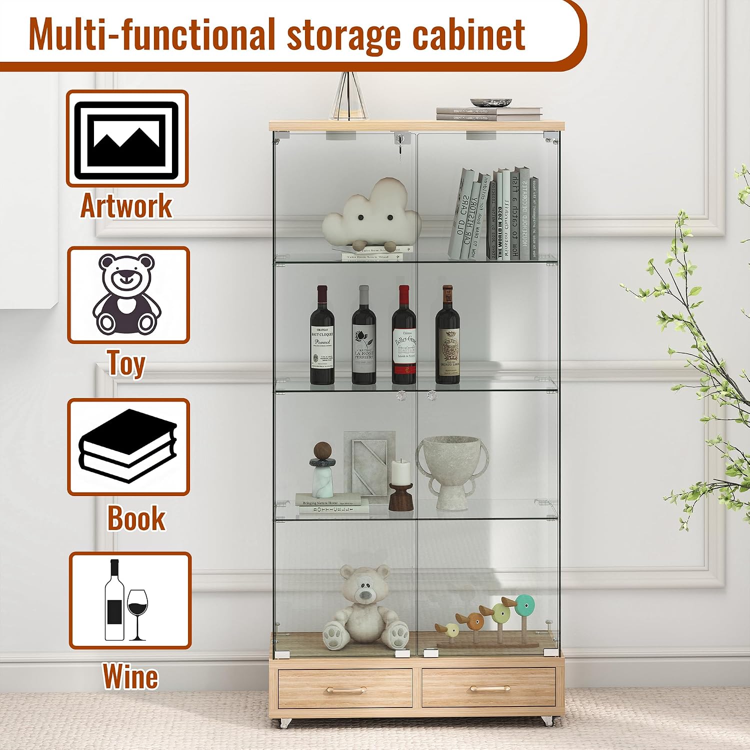 Modern Glass Display Cabinet with LED Light 4-Shelf Curio Cabinets with Storage Drawer and Wheels,Tempered Glass Display Shelf Bookcase for Living Room Home Office