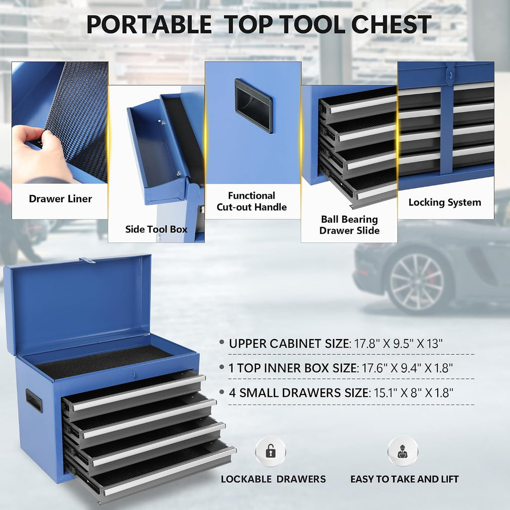 Tool Chest, 5-Drawer Rolling Tool Storage Cabinet with Detachable Top Tool Box, Liner, Universal Lockable Wheels, Adjustable Shelf, Locking Mechanism, Metal Tool Cart for Garage Workshop