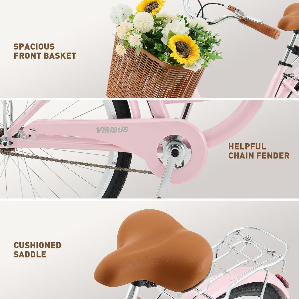 VIRIBUS Beach Cruiser Bike for Women, Single Speed Womens Bike with Basket & Rack 24 26 inch, Retro Step Through Cruiser Bicycle for Petite Short Women Female Ladies City Commuter, 330 lb.