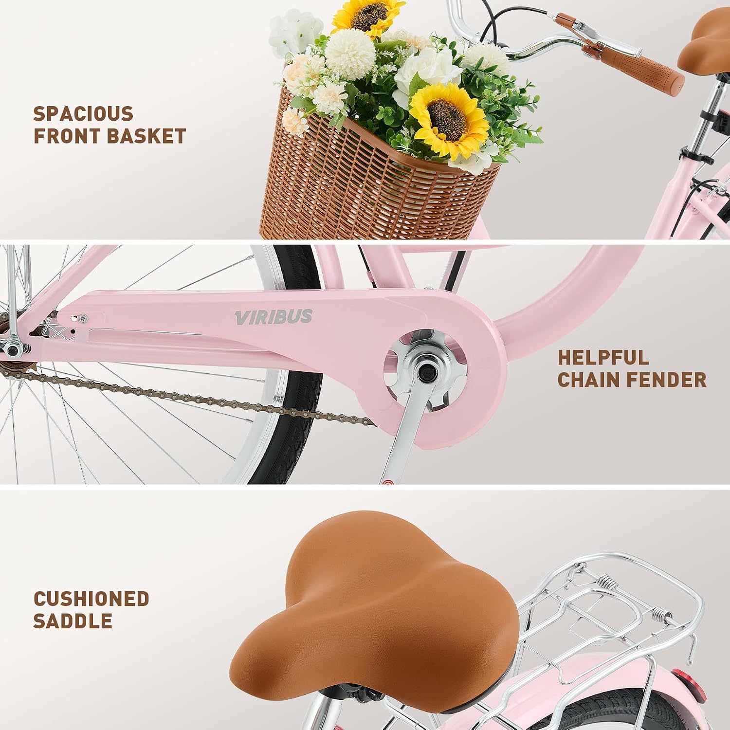 VIRIBUS Beach Cruiser Bike for Women, Single Speed Womens Bike with Basket & Rack 24 26 inch, Retro Step Through Cruiser Bicycle for Petite Short Women Female Ladies City Commuter, 330 lb.