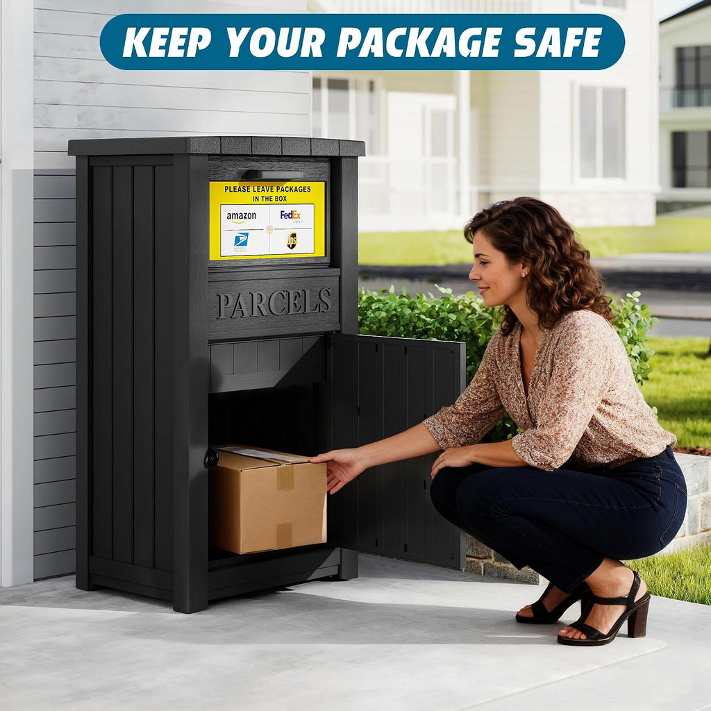 LHBGO Package Delivery Box with Sign, Lockable & Weatherproof Anti-Theft Parcel Delivery Box for Porch, Curbside, Patio，Black